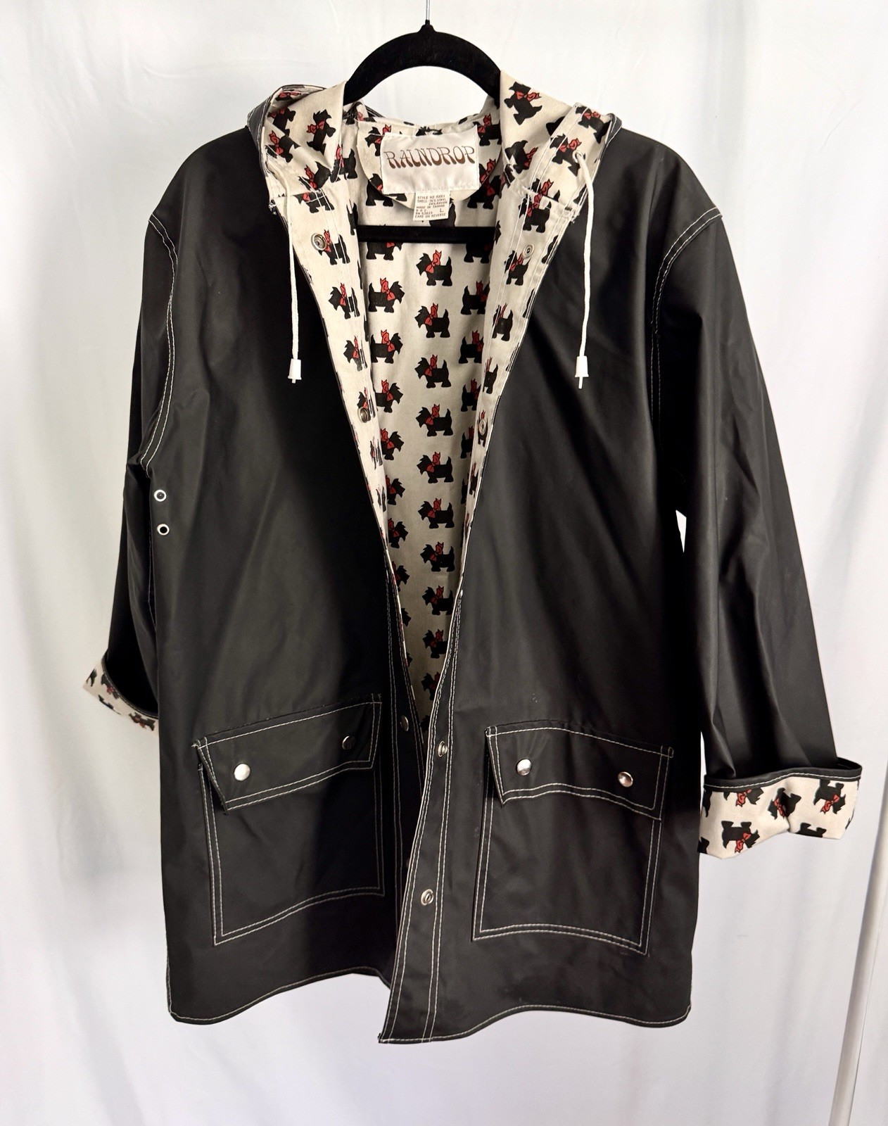 Vintage 80’s Black Scottie Dog Raincoat by Raindrops Large Preppy Reversible