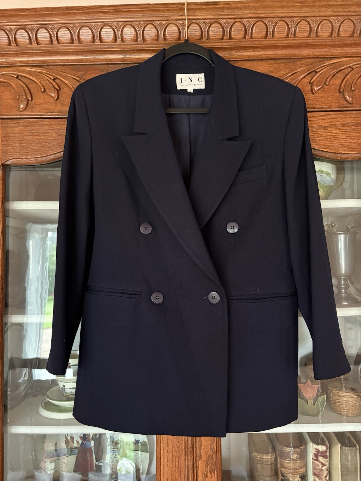 VINTAGE INC SIZE 8 WOMEN NAVY BLUE DOUBLE BREASTED WOOL BLAZER W SHOULDER PADS