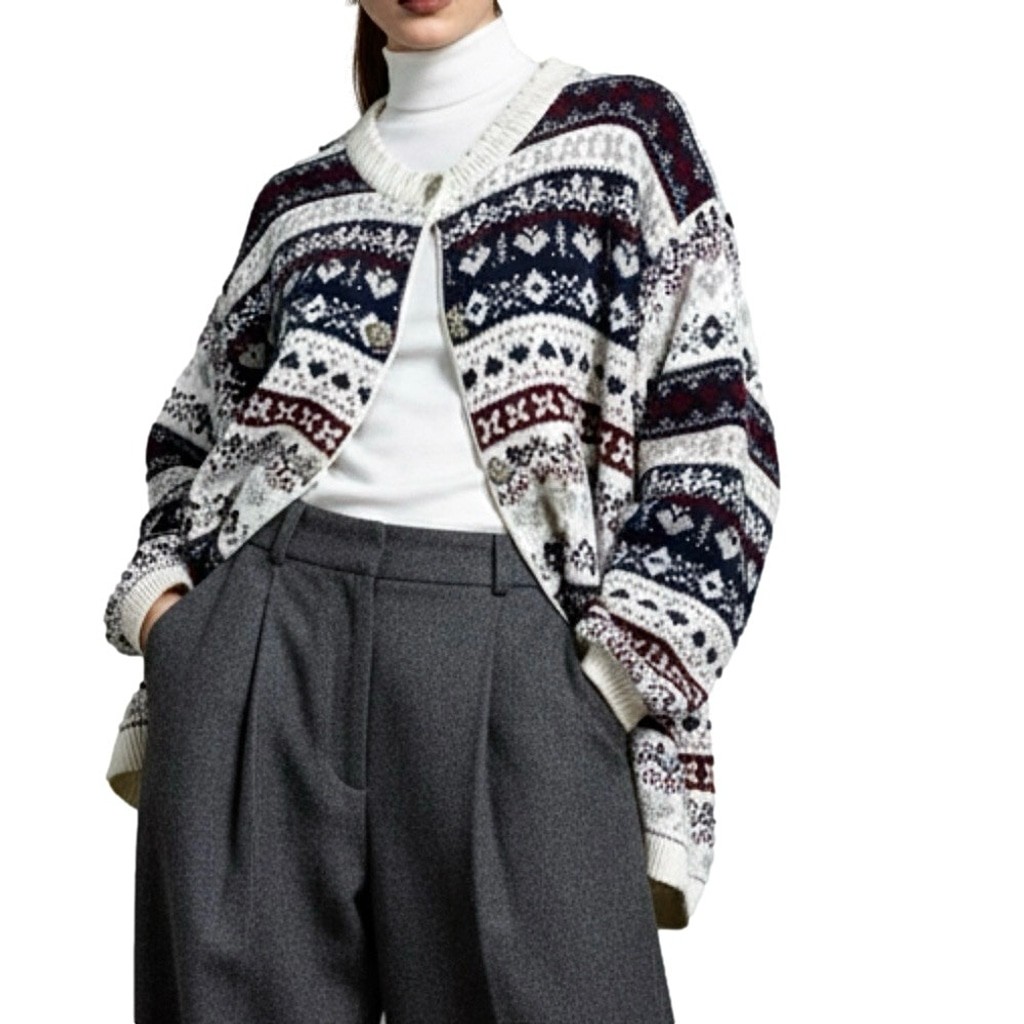 Vintage Carroll Reed acrylic ivory navy burgundy fair isle boxy tunic cardigan L