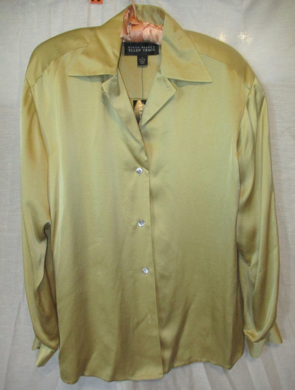 VTG Linda Allard Ellen Tracy Oversized Silk Blouse Drop Shoulder Pads Gold 8,NWT