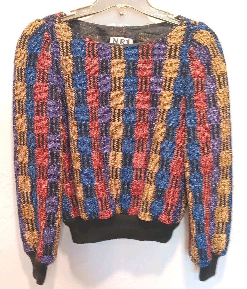 Vintage Ned Gould NR1 Sz S* Shiny Holiday Multicolor Art Deco Block Longsleeve