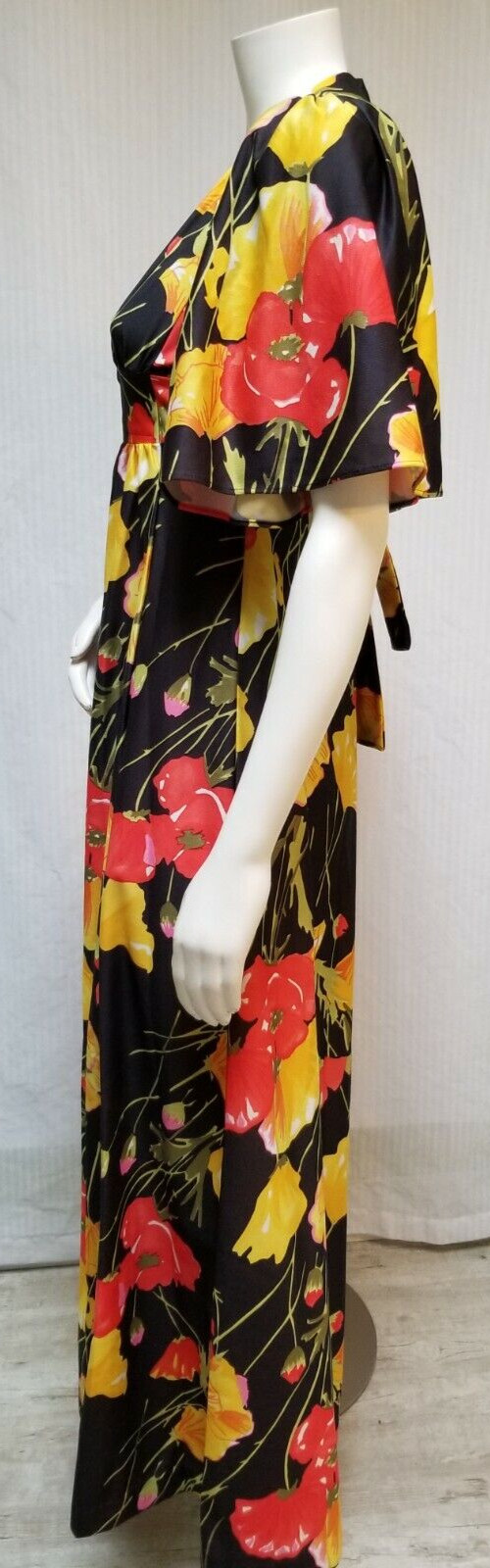 Vintage 70s Black Floral Print Empire Waist Maxi Dress Butterfly Sleeve – Size S