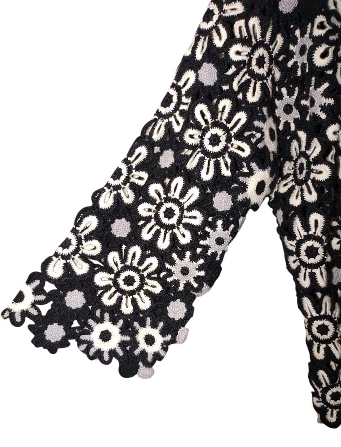 Michael Simon OPEN FRONT CROCHET CARDIGAN Flowers Black White XL Boxy Pompoms