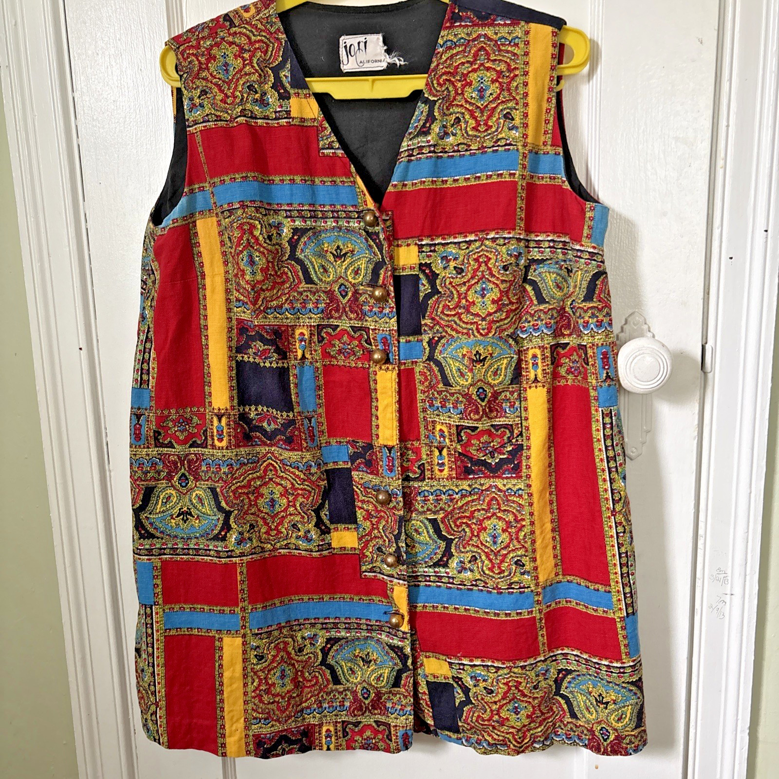 Vintage Tunic Vest Top L California 1970 Pop Color Groovy Paisley Brass Buttons