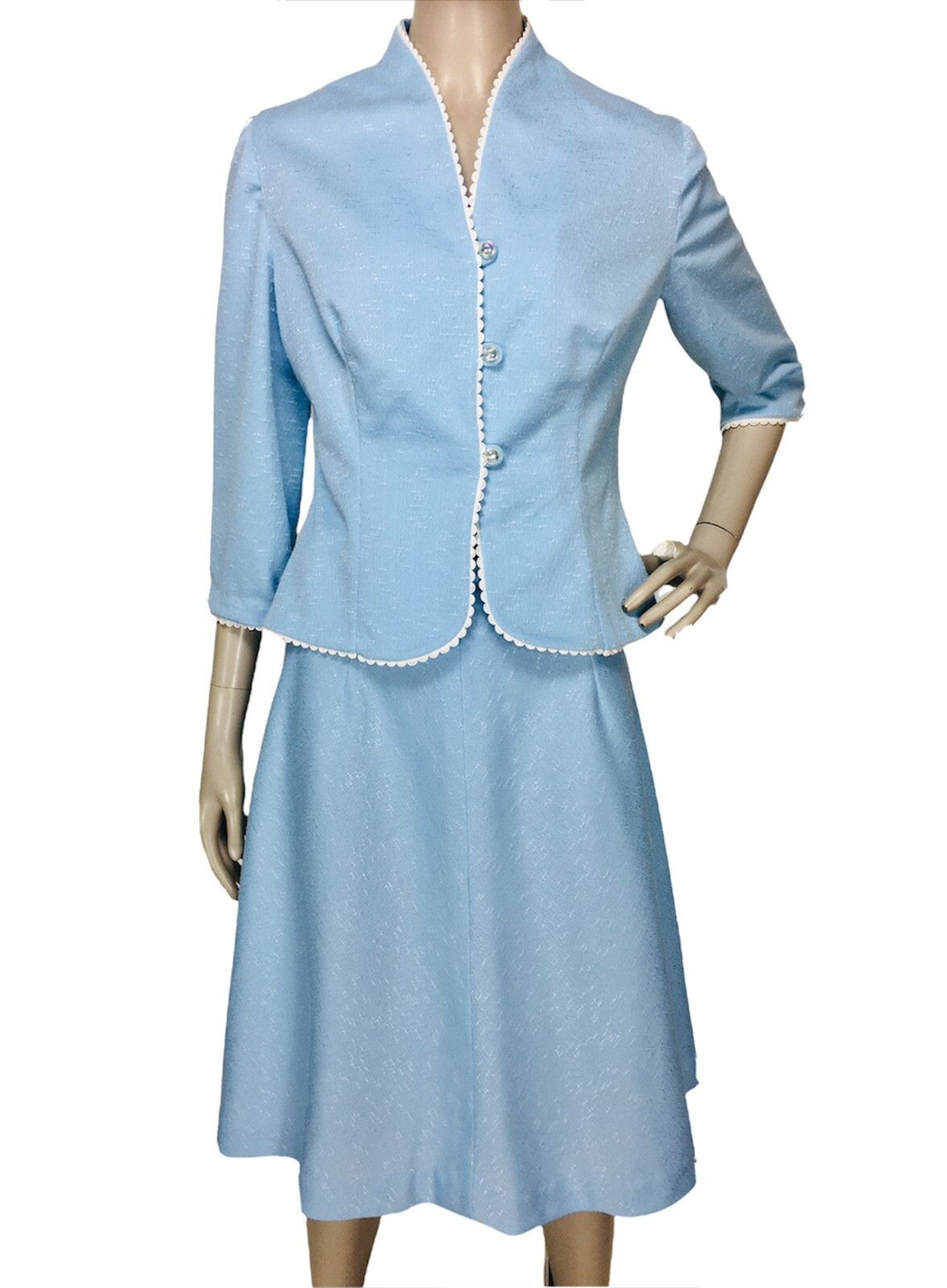 Vintage 60s Blue Rick-Rack Trim Jacket and A-Line Skirt Suit Set XS/S/M