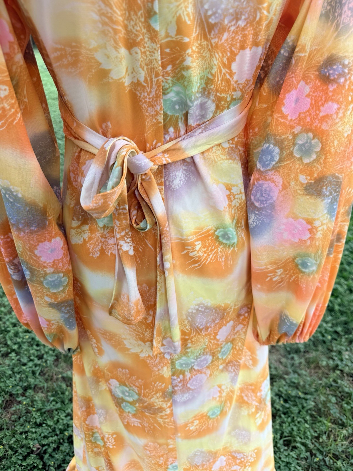Vintage 70s Floral Maxi Dress Empire Waist Open Back Tie Bishop Sleeve Boho 13