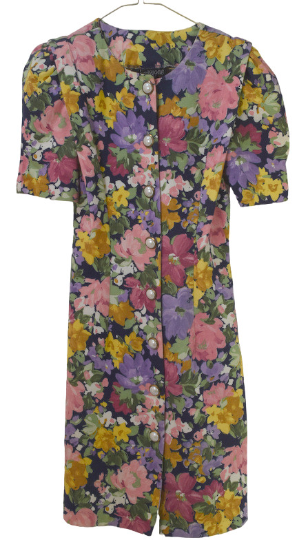 Vtg Corduroy Dress Womens XS-S Black Floral Button Front Shoulder Pads Made USA