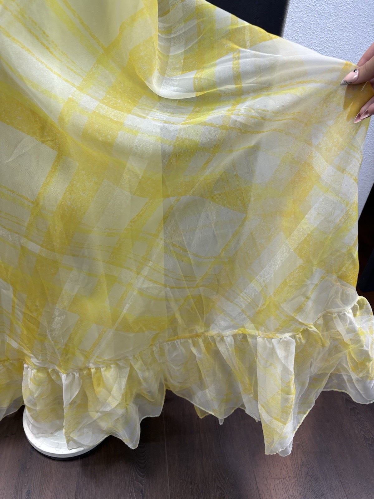 1970s Yellow Plaid Ruffled Floral Party Maxi Dress Gown Summer Spring ILGWU VTG