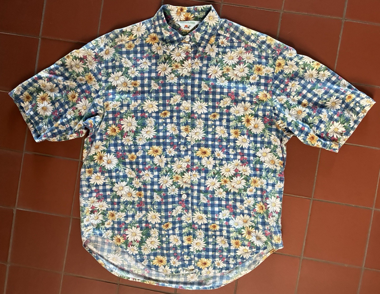 Vintage 80s Andrew McMullan Gingham Daisy Print Button Up Short Sleeve M USA