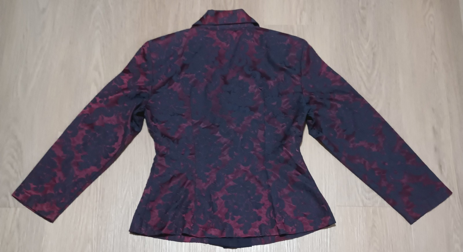 Vtg 80s JUDY’S Burgundy Navy Jacquard Blazer Jacket holiday festive steampunk S