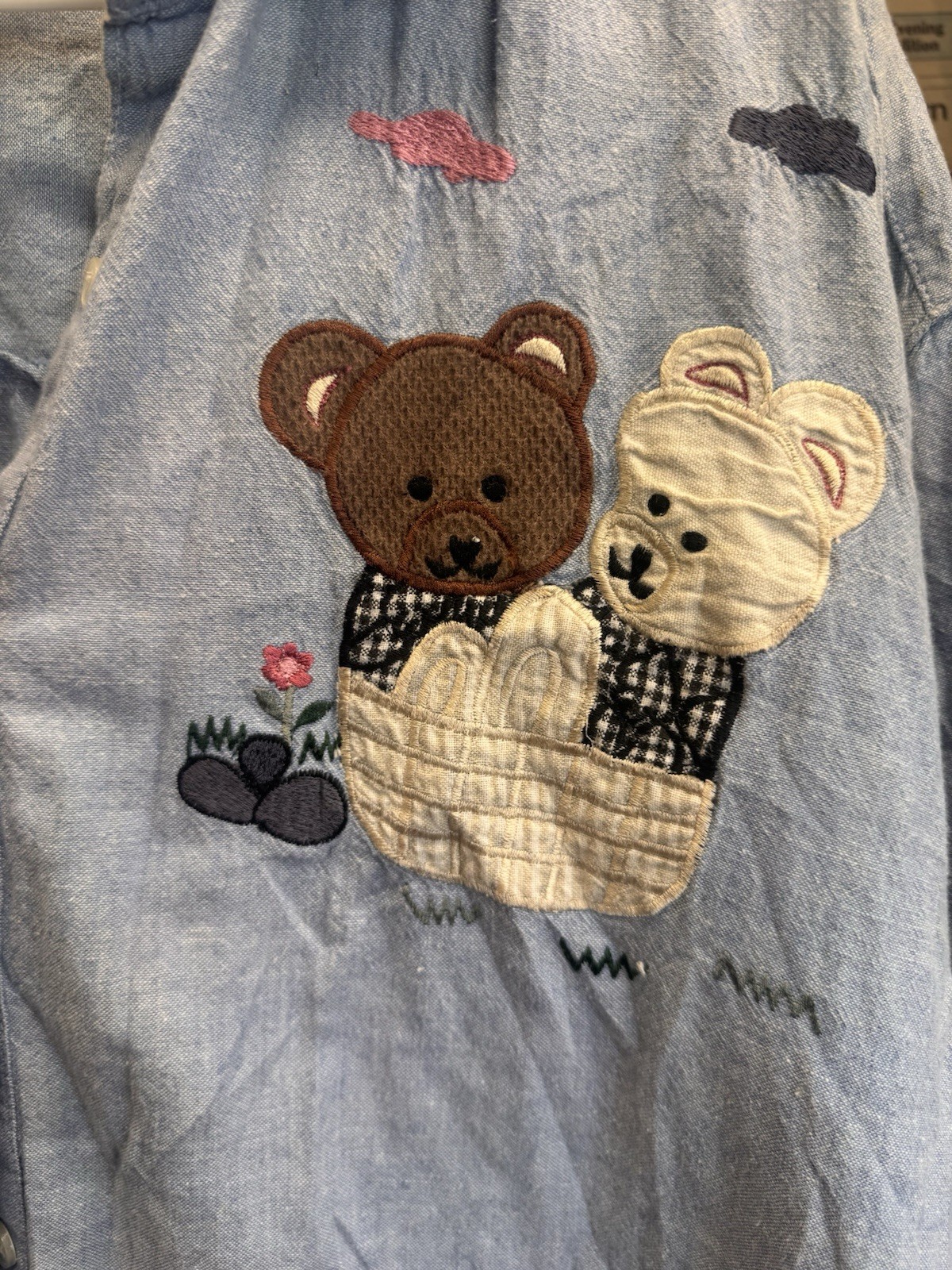 Vintage XXL Light Wash Denim Teddy Bear Cottage Core Button Down Womens Top ￼
