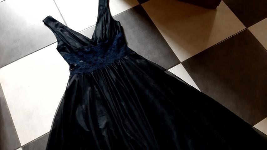 Vintage 80s Black Nylon Peignoir Dress Sexy Guipure Layered Chest 86cm/34″
