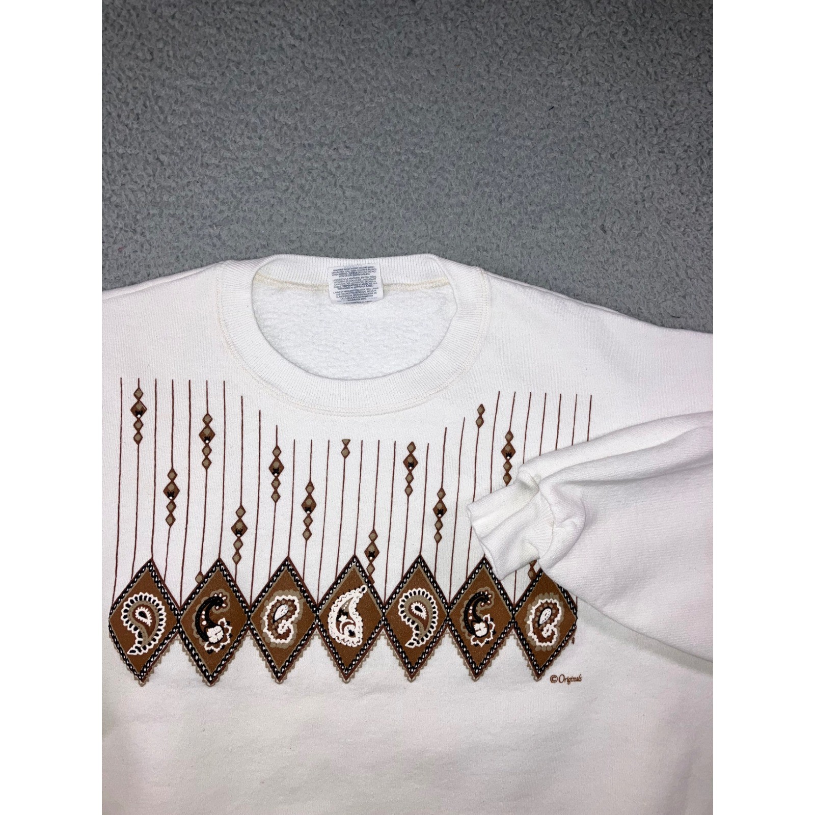 Vintage 90s Jerzees Sweatshirt Women XL White Paisley Geometric USA Made Grandma