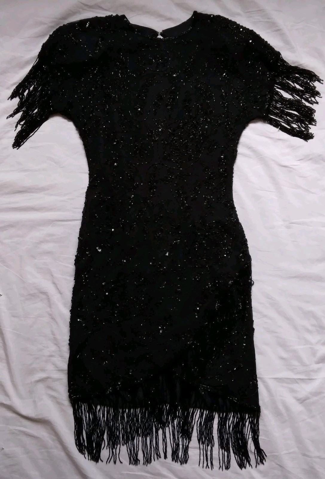 Vintage Cocktail Dress Michaelangelo Black Silk Beaded Sequin Flapper Size M