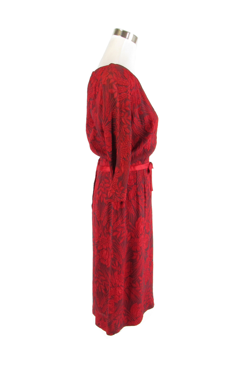Red gray floral print 3/4 sleeve vintage day dress 12 S