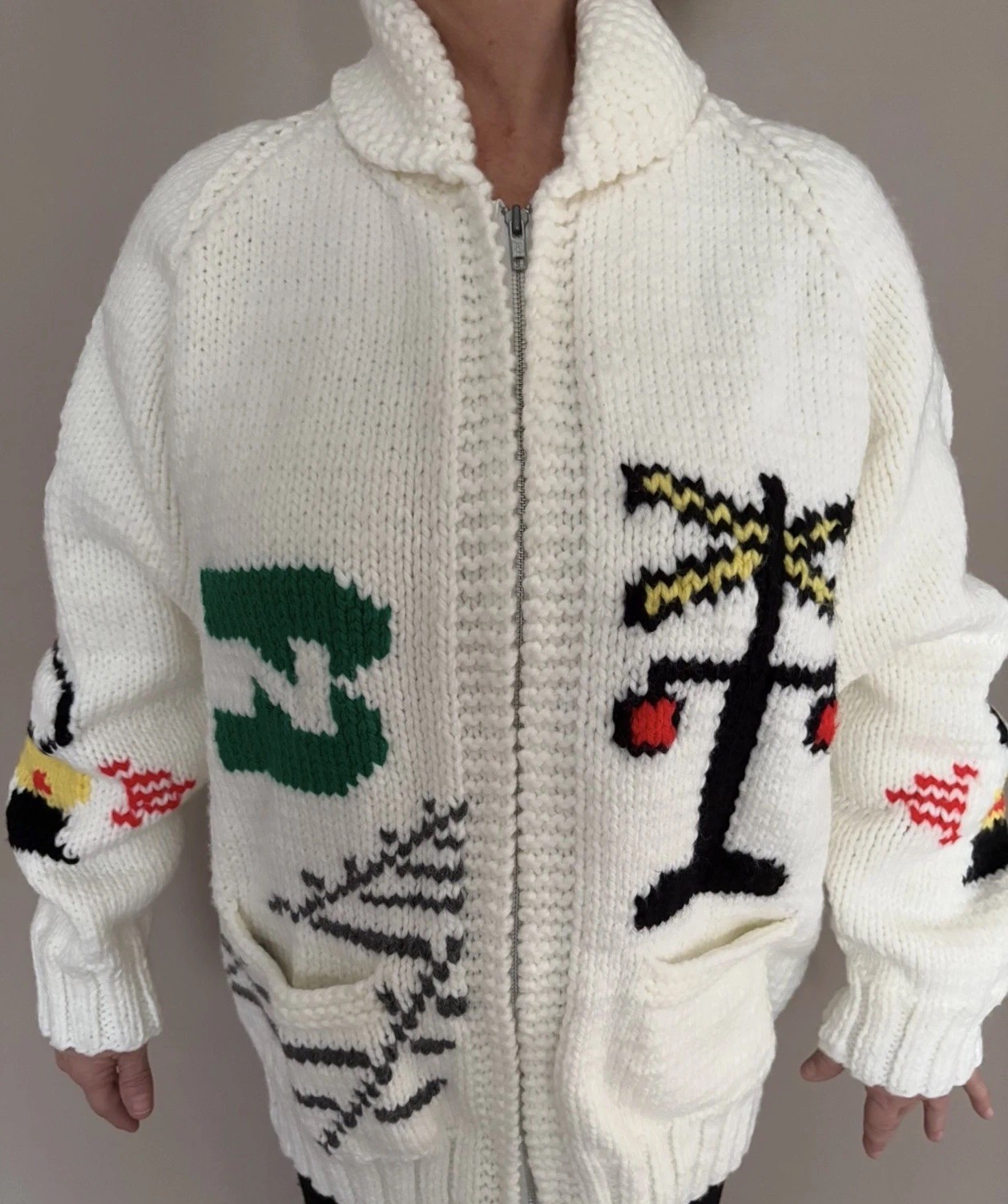 Hand crafted train theme Knit Wool Sweater Curling Stone Zip Cardigan, Size L