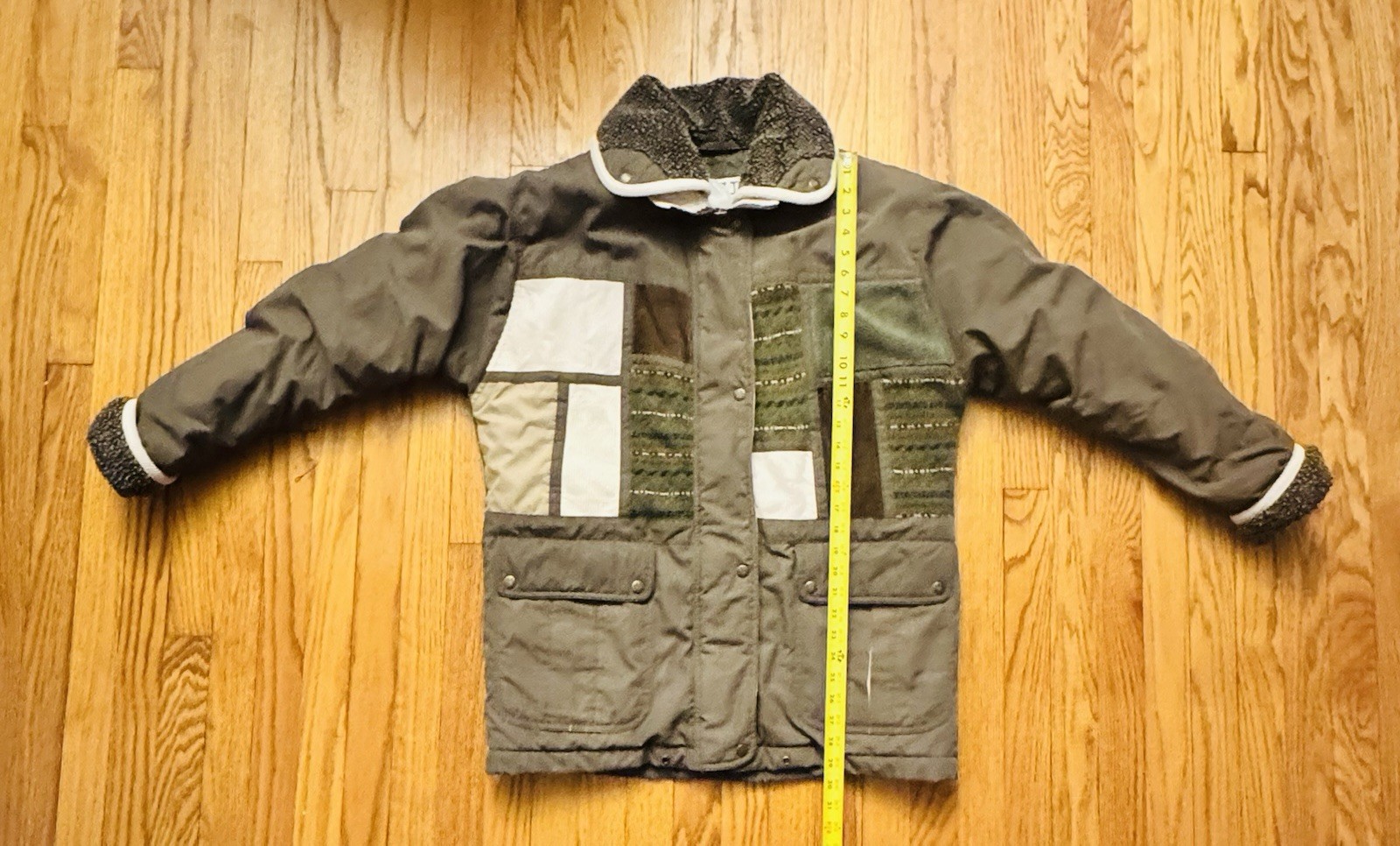 Vintage IZZI Patchwork Corduroy Sweater Olive Green Jacket Large Full Zip Snaps