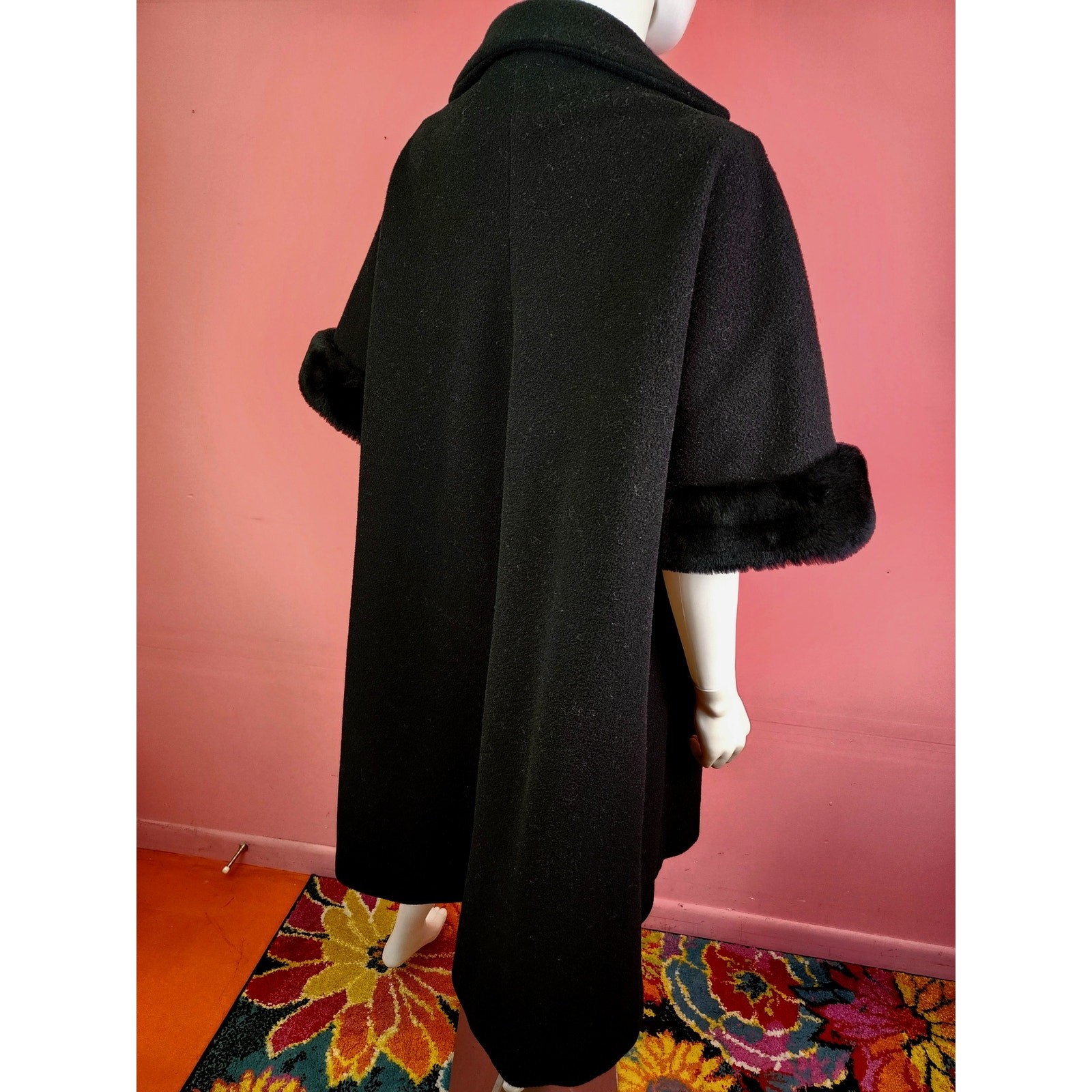 Vintage 1950’s to 1960’s Black Wool and Faux Fur Swing Coat Half Sleeve