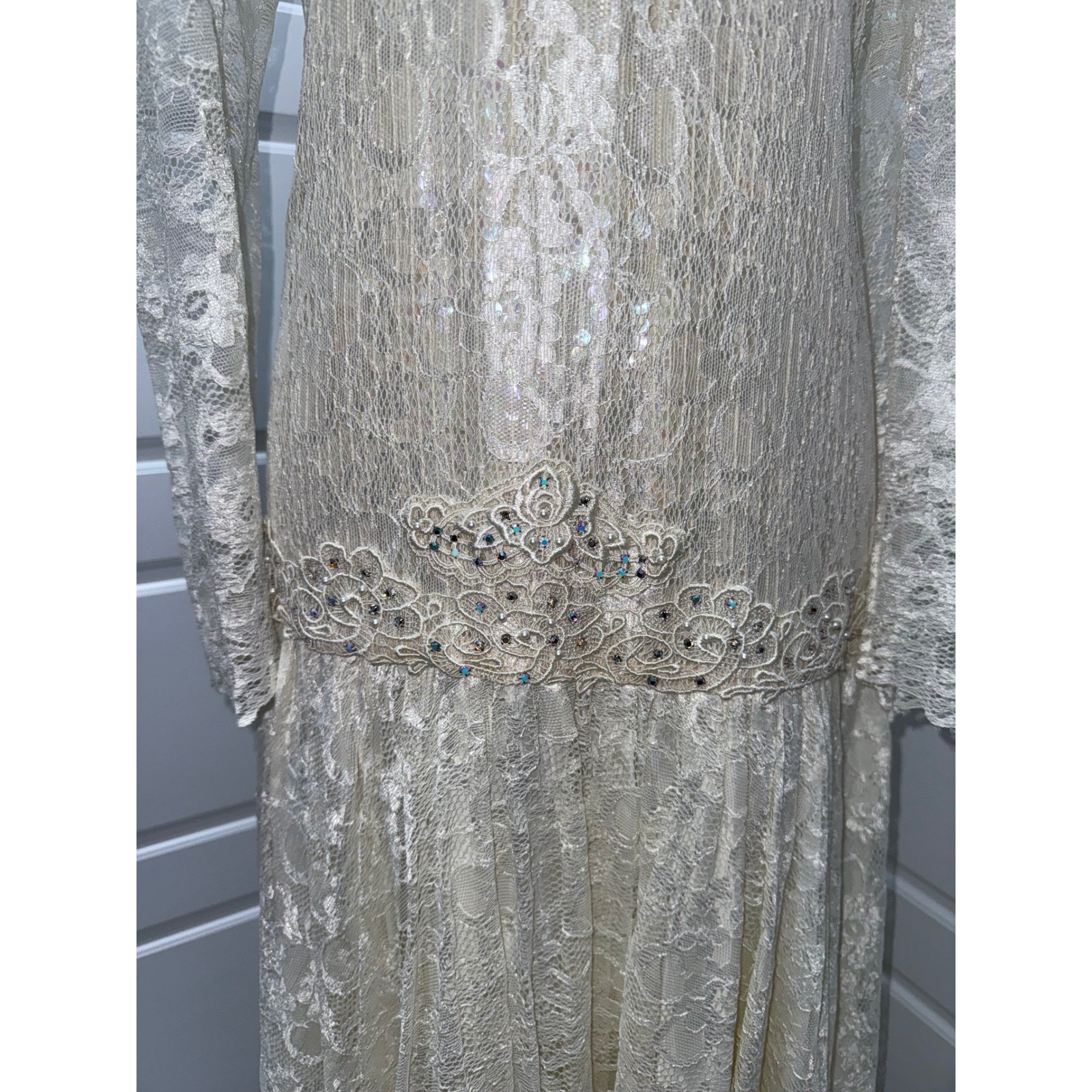 Gidding Jenny Long Sleeve Dress 8 100% Silk Lace Gown Beaded V-Neck 20th Century