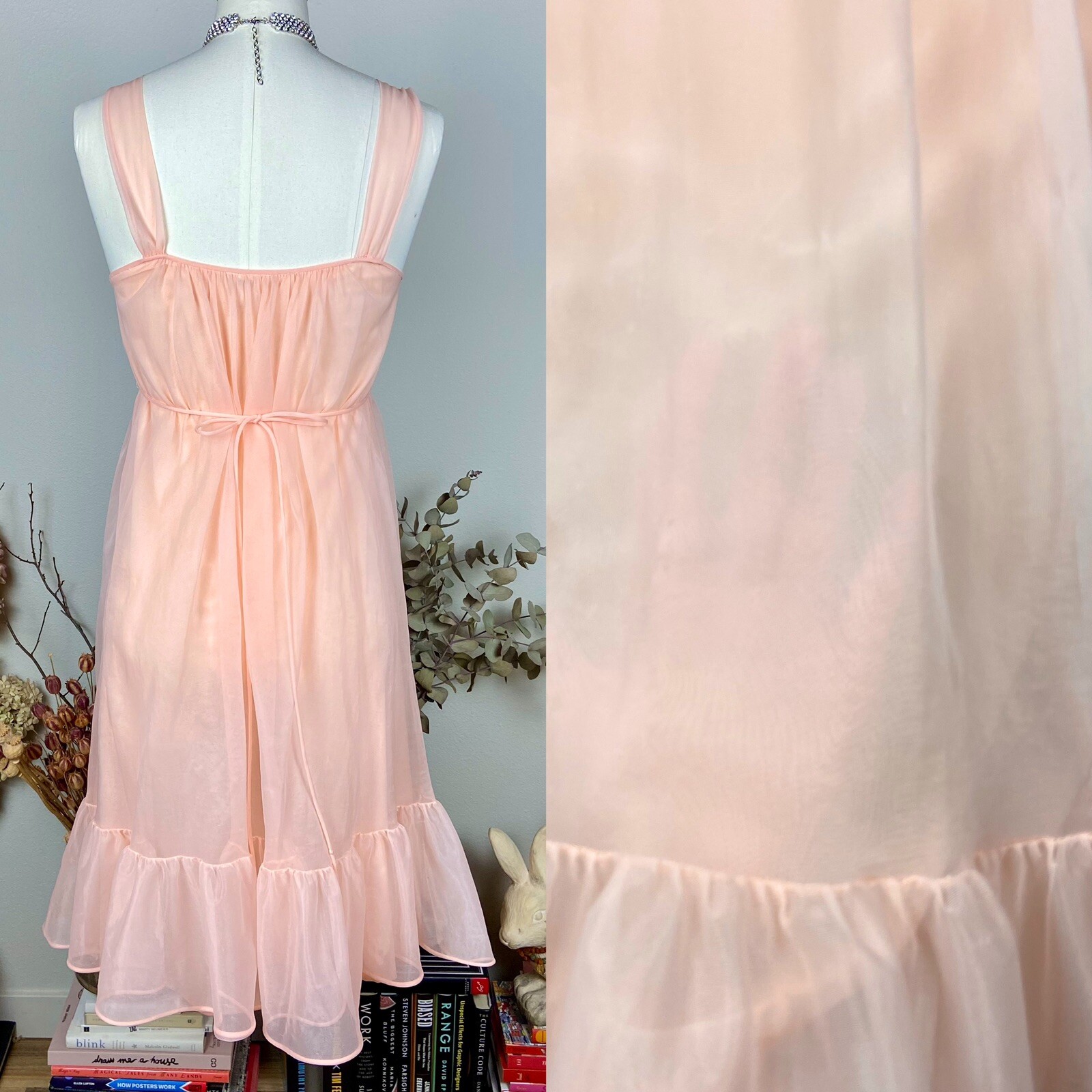 Leonora Slip Dress Nightgown Peach Pink Sheer Size Small 50s 60s Vintage Pin Up