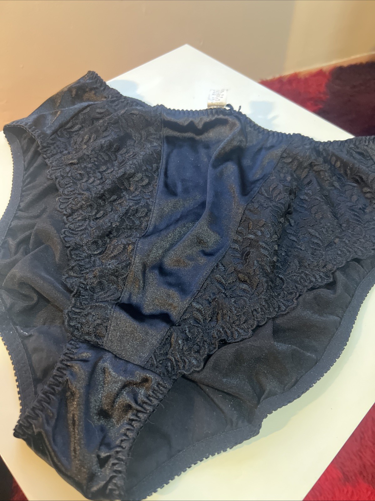 Vtg Black Shiny Satin Lace Panties Sz 12 4XL High Cut Leg