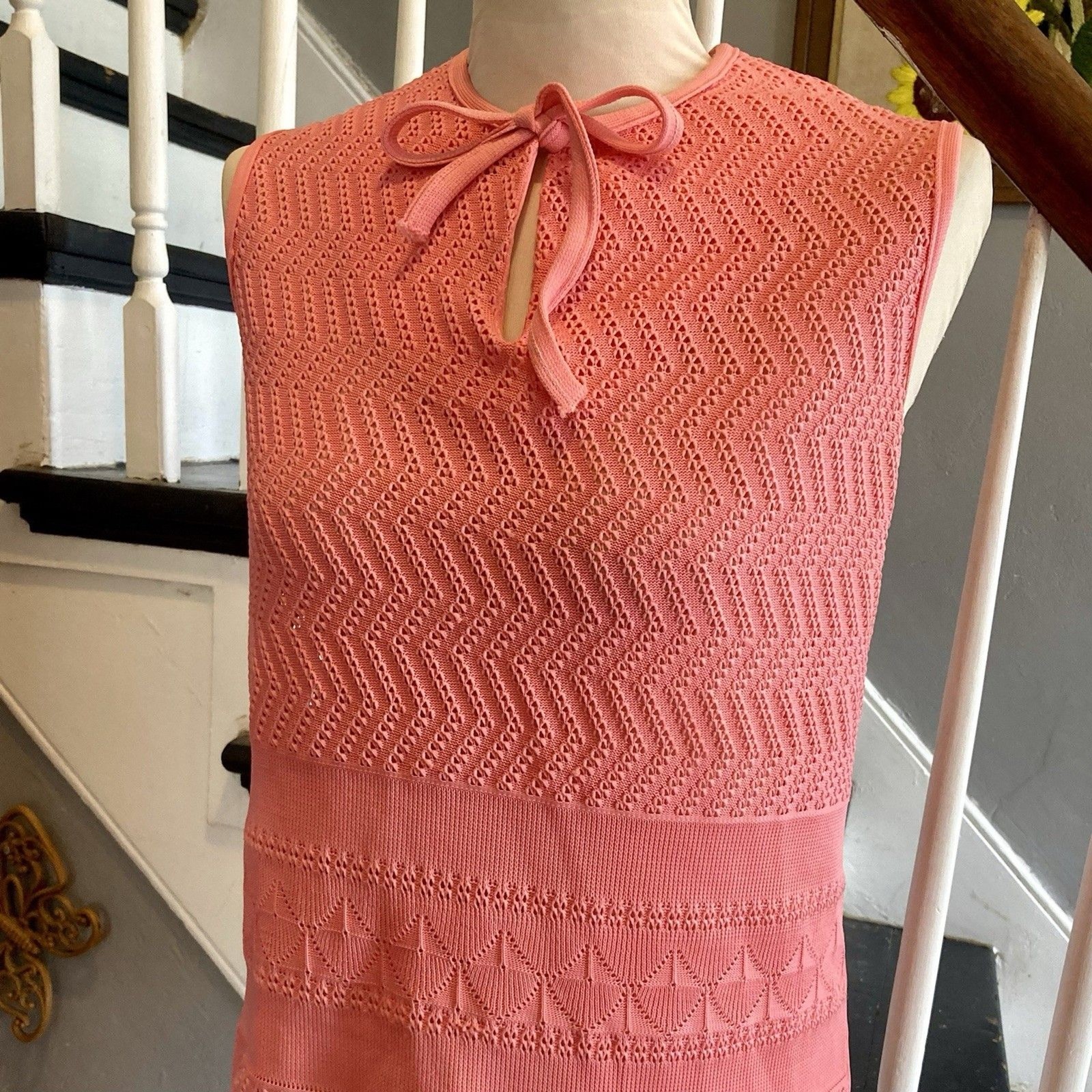 1970s Salmon Pink Coral Crochet Polyester Twinset Shell Jacket Mod Disco Spring