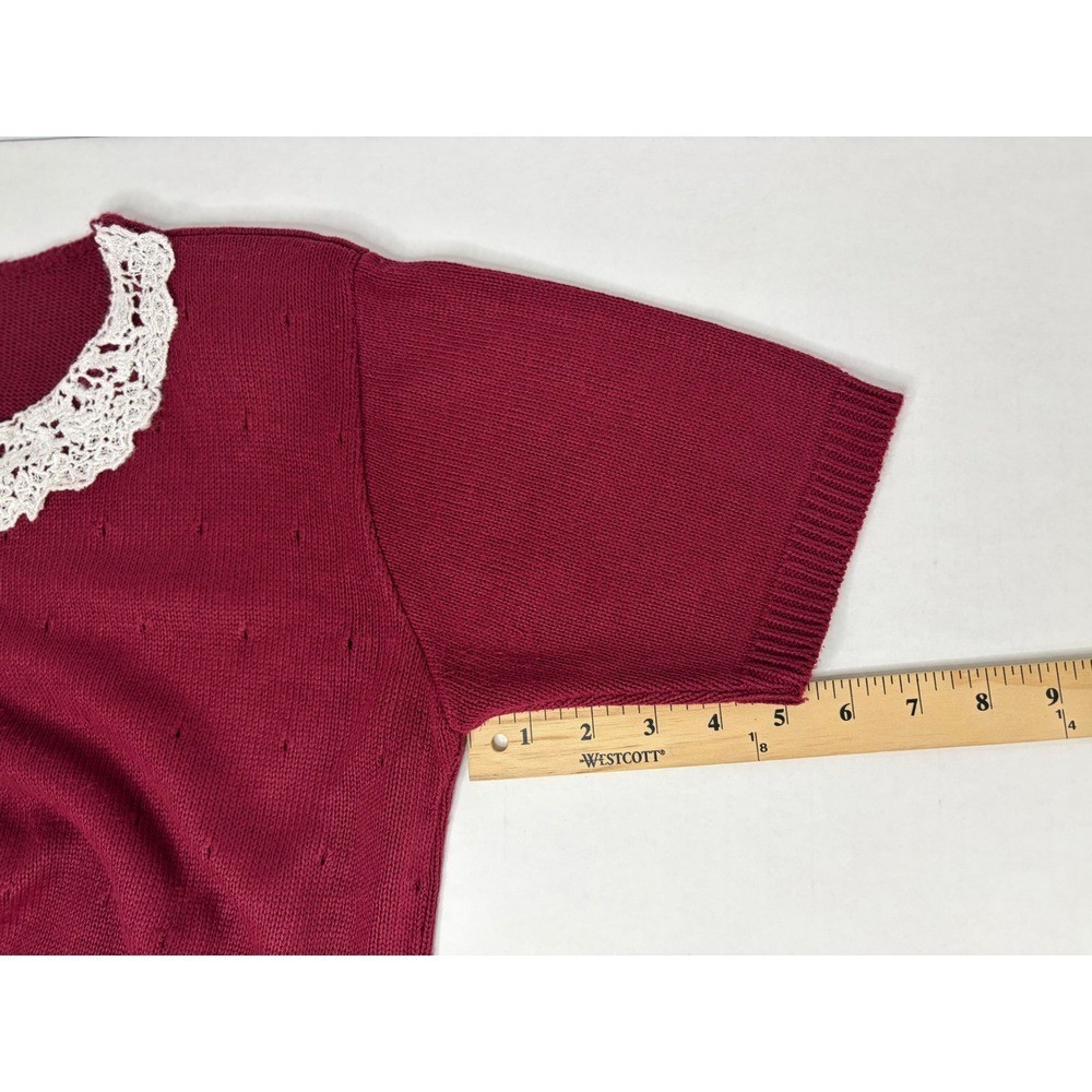 Vintage Burgundy Knit Short Sleeve Sweater Floral Lace Collar Cottagecore Top