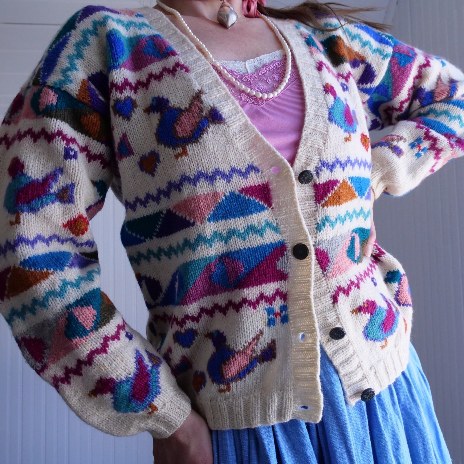 The sweetest vintage 90s Robert Scott Ltd. wool bird and heart cardigan