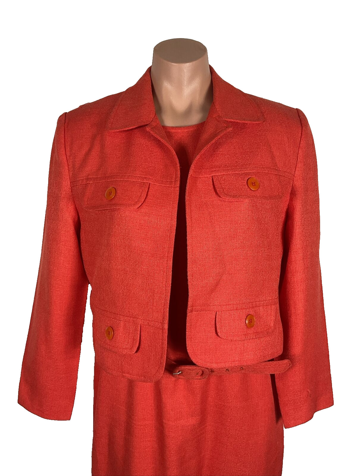 Henry Lee Dress Suit Sz 8 Petite, Coral Orange, made in USA, vintage 90’s Belted