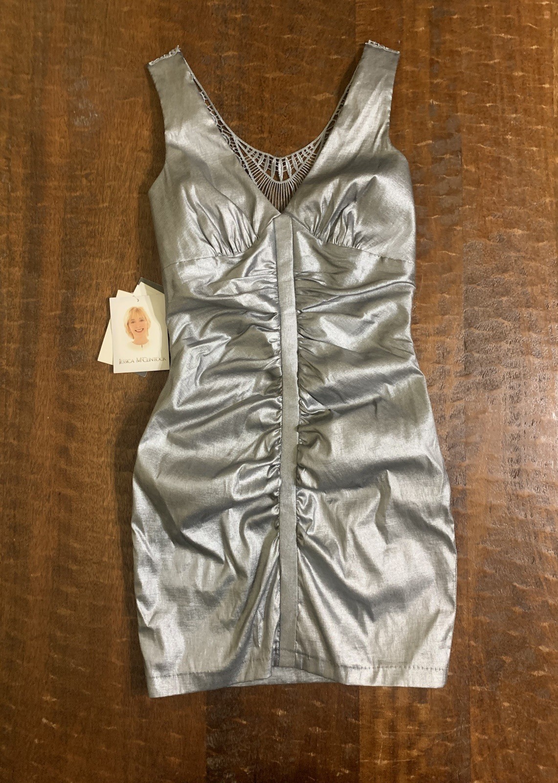VTG NWT Jessica McClintock Size 2 Silver Ruched Mini Dress
