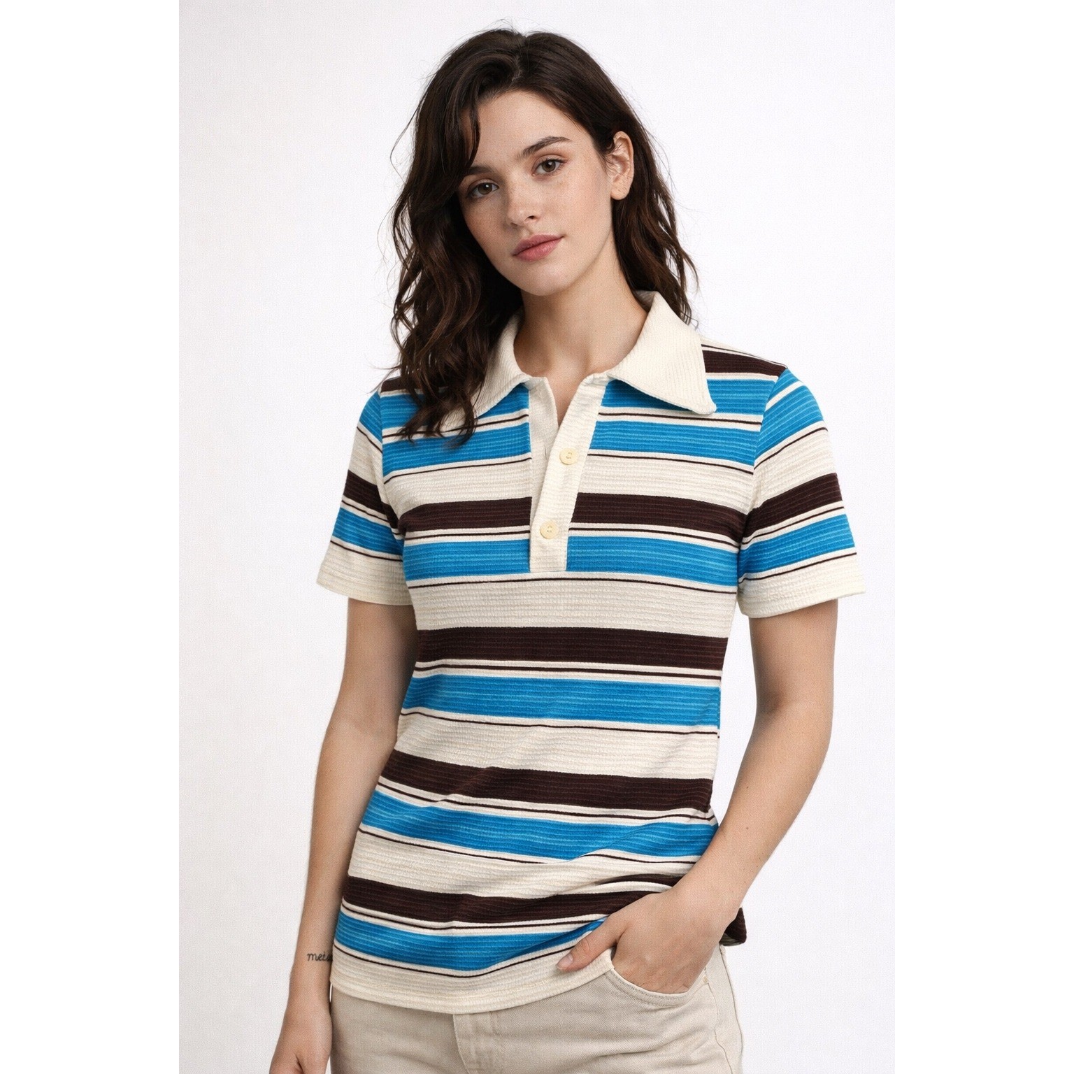Vintage 70s Caper-Mates Knit Polo Shirt Disco Retro Mod Blue Brown Striped Top