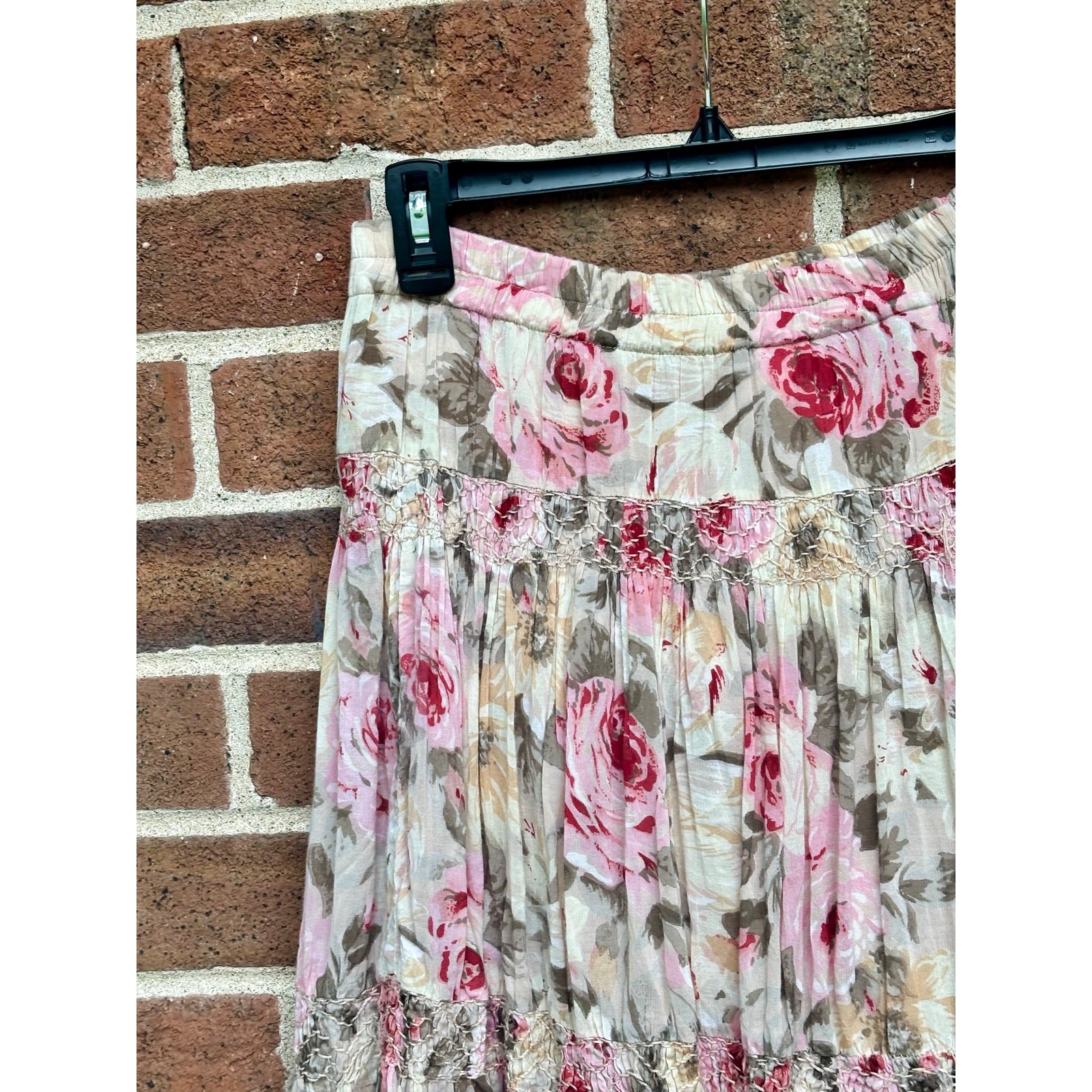 Vintage 1980s Passports Pier 1 Floral Skirt Pink Brown Rayon Cotton Boho Tiers