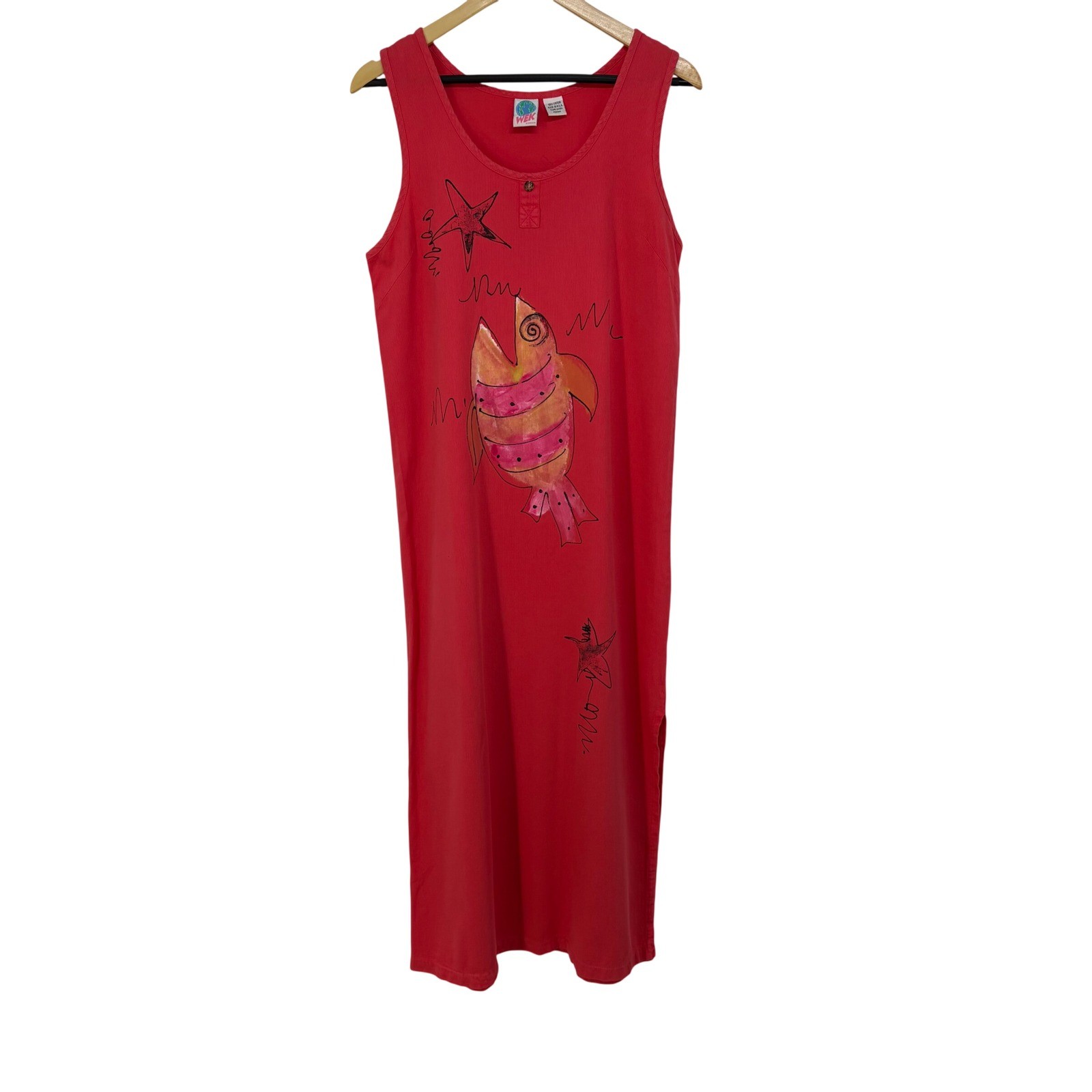 WEK Womens Vintage Coral Cotton Fish Starfish Graphic Maxi Dress Resort Beach