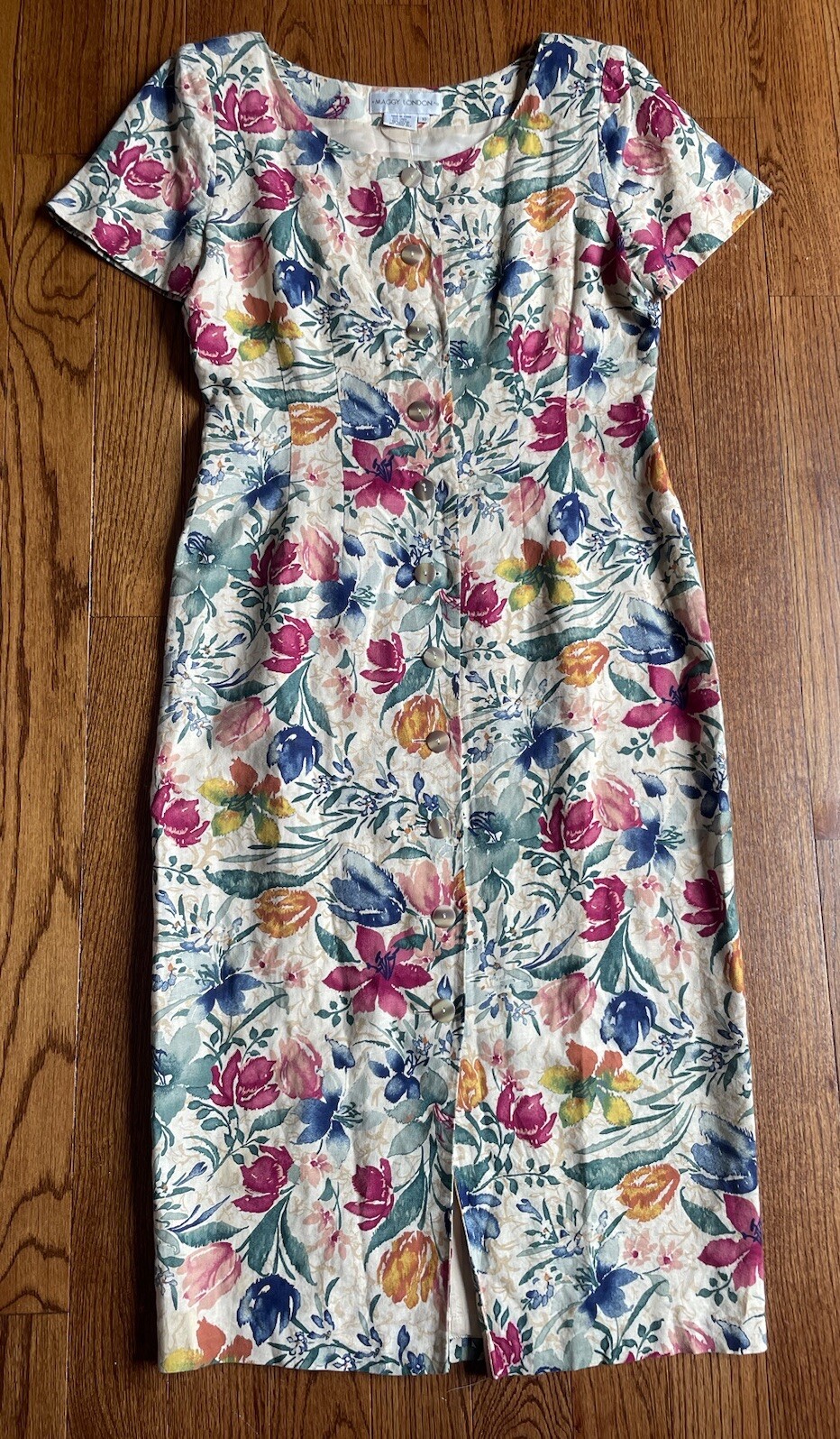 Vintage Maggie London Dress 10 Cottage Core Linen Cotton Button Long 90s Modest