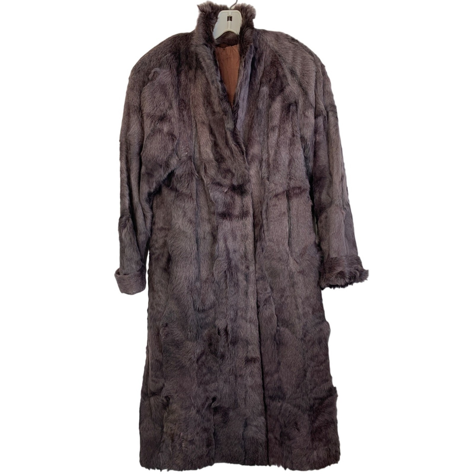 80s VTG JKI Full Length Genuine Fur Coat Rabbit Brown Purple Large Rustic 6754