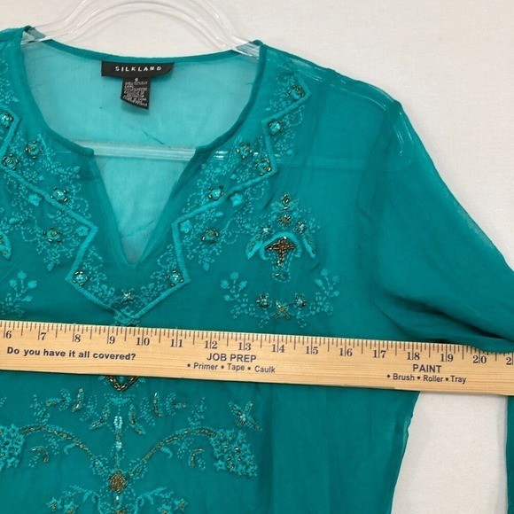 Vintage Silk Land Size Small Teal Embroidered Beaded Flare Sleeve Fairy Blouse