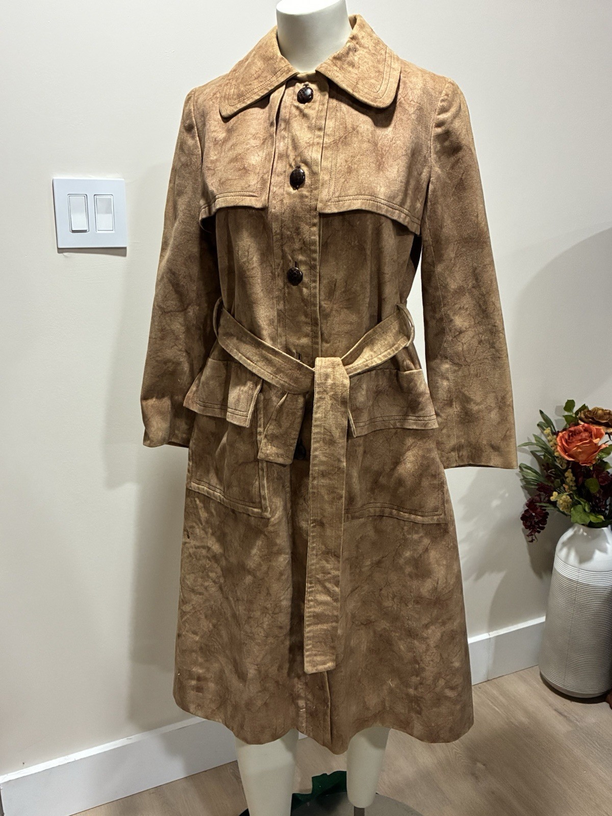 Vtg 70s Davidow Boutique Trench Coat Suede Look Cotton Color Stripe Lining USA