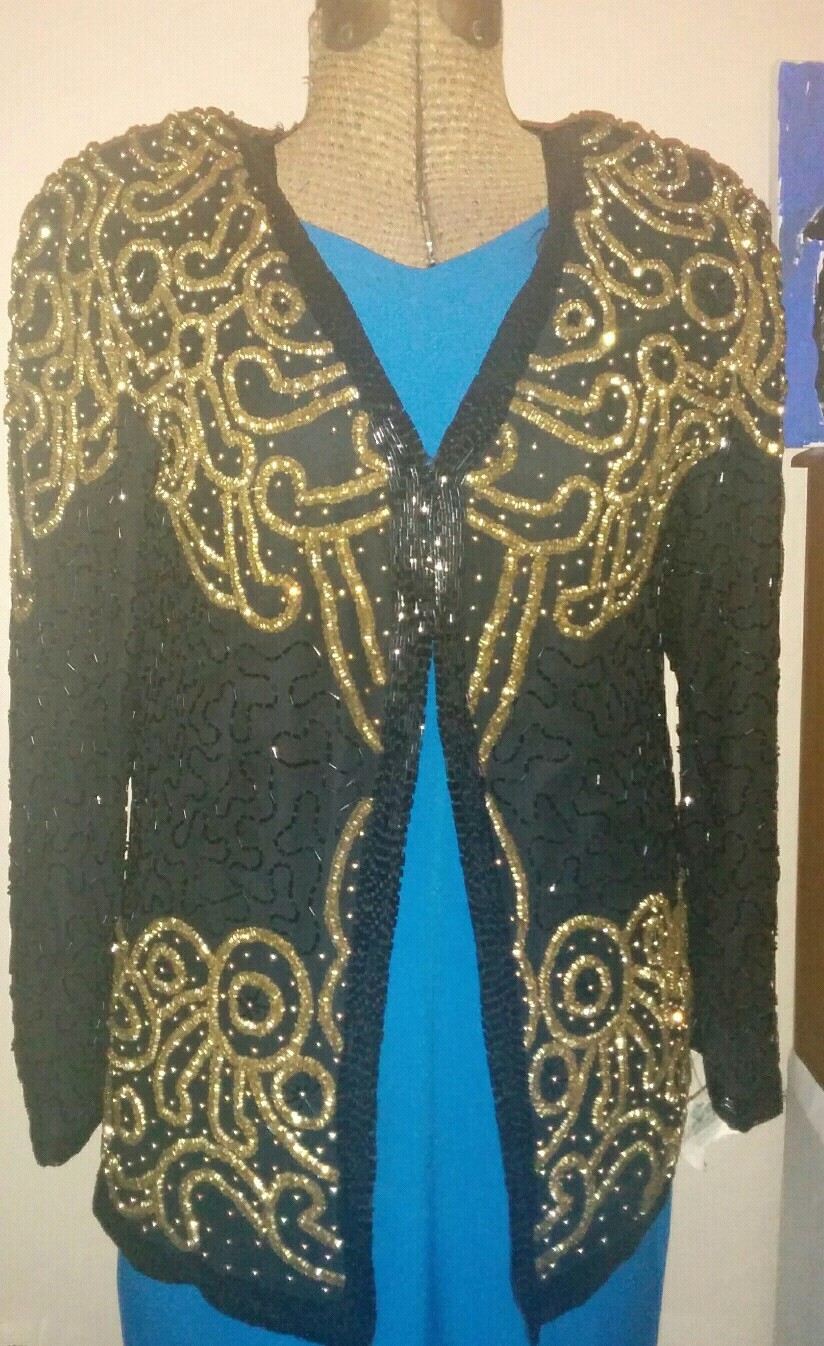Vtg 80’s Nite Waves By Samir Suri Heavily Beaded & Sequin Gold Black Silk Jacket