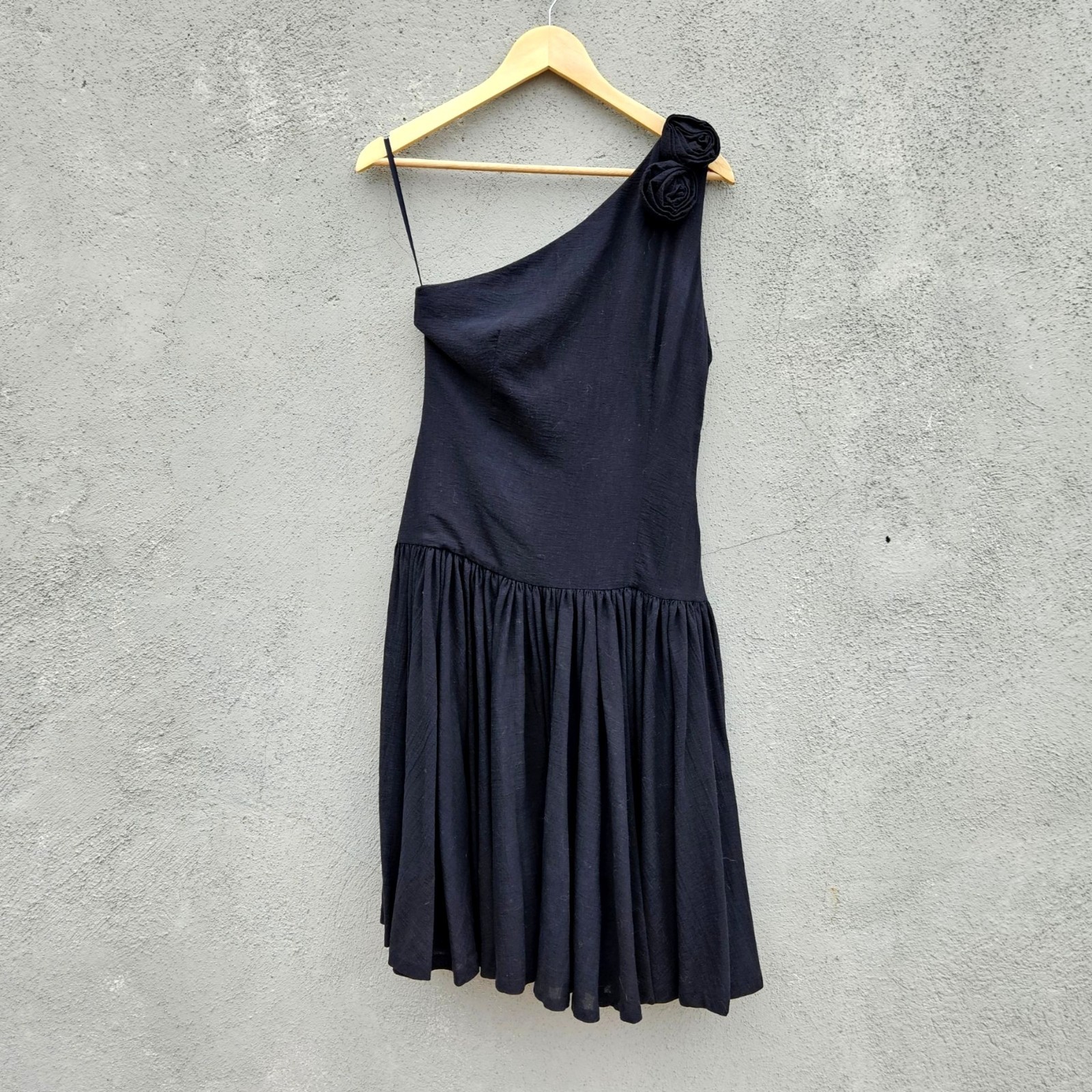 Vintage 80s Georges Rech Paris Black Cotton One Shoulder Dress Rosette Small