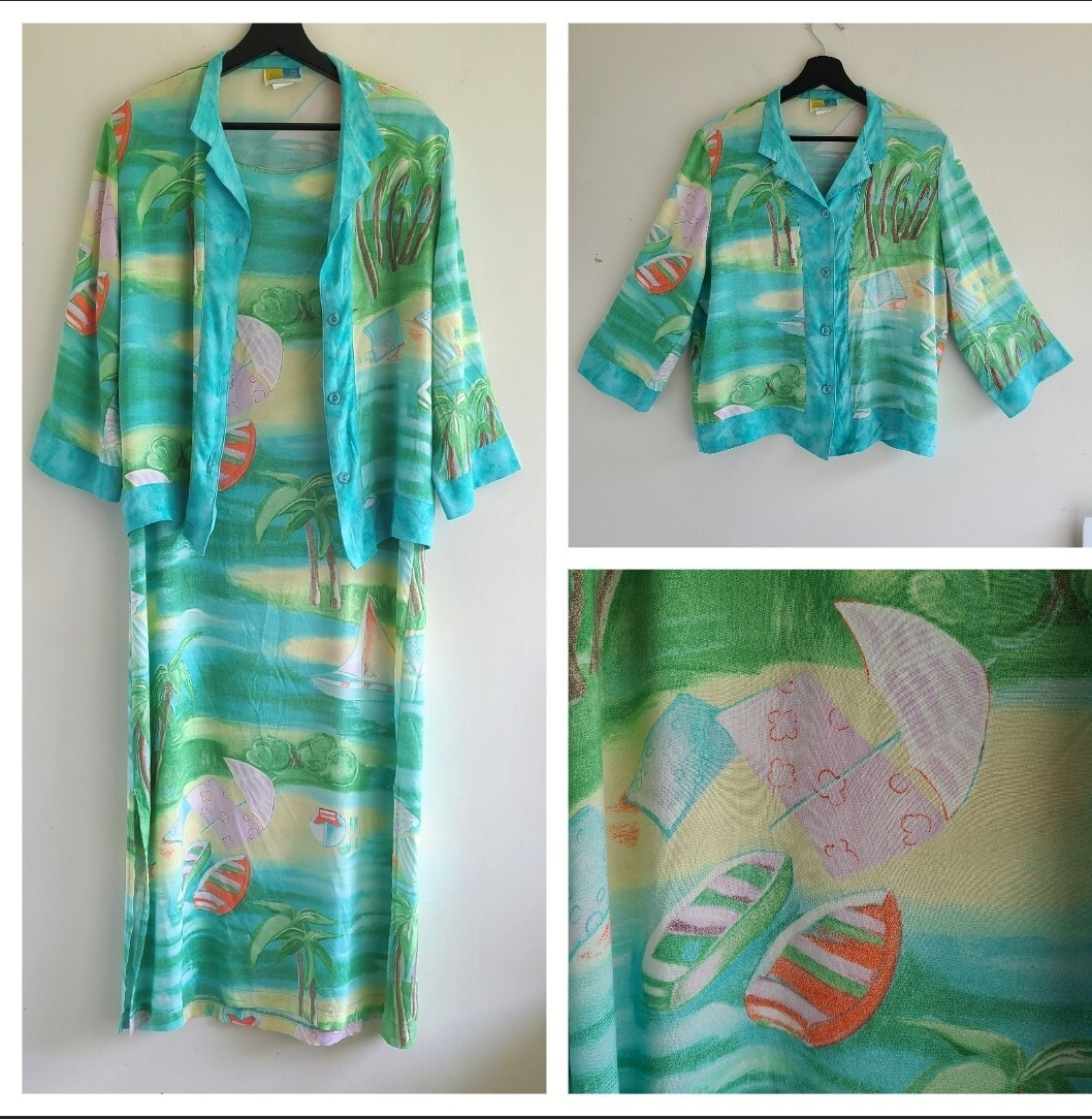 Vintage 90s Beach Midi Dress & Shirt Set Tag sz L Hawaiian Tropical Sea Suns