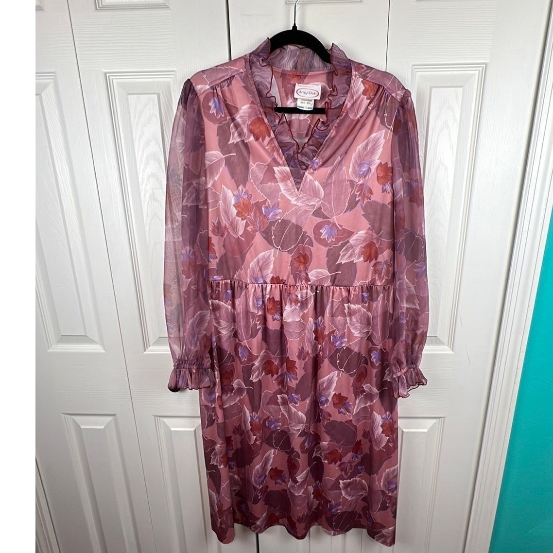 Vintage 70s Midi Dress Boho Cottagecore Retro Mauve Pink Polyester 16