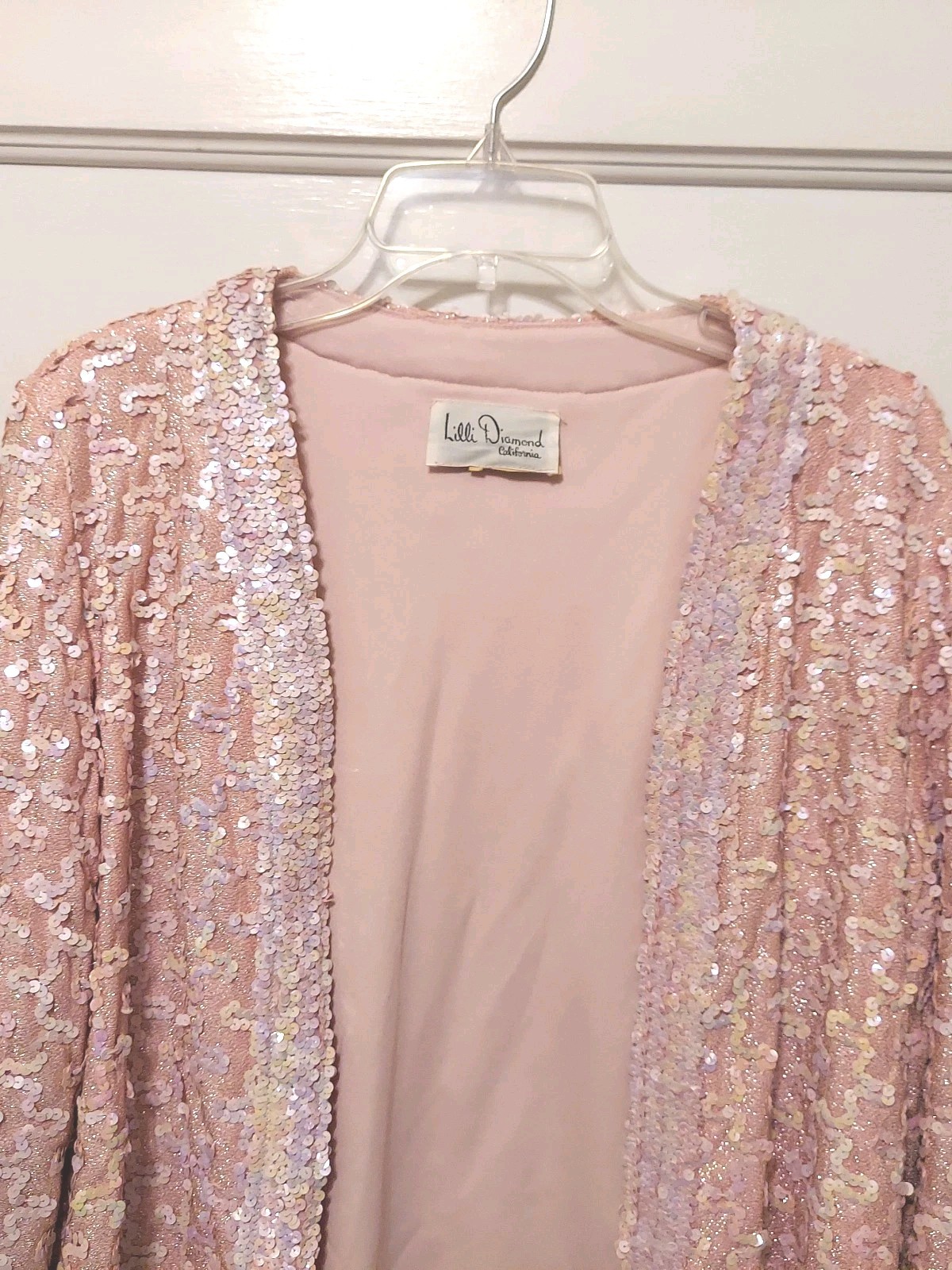 Vtg Lilli Diamond Ladies 2 Pc Pink Sequined Lined Jacket & Top Set
