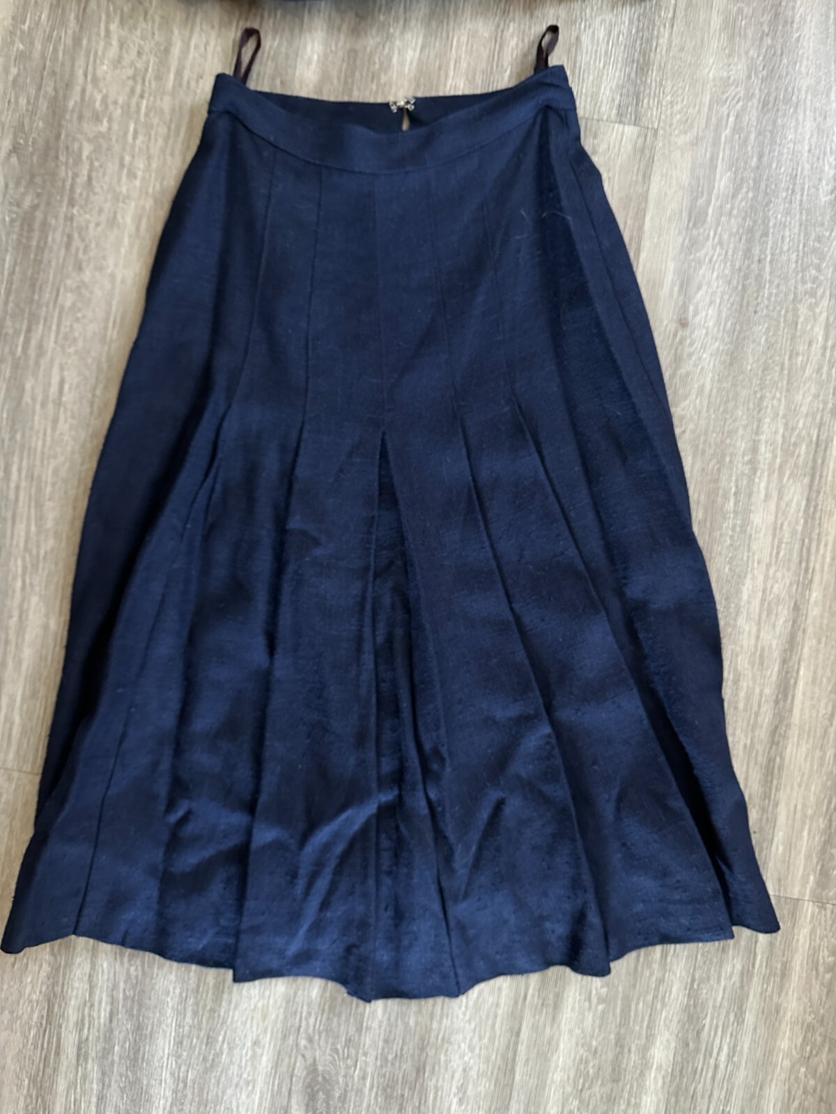Vintage French Suit Skirt Blue Linen Button Front Belted Pleat Midi Dior Look XS