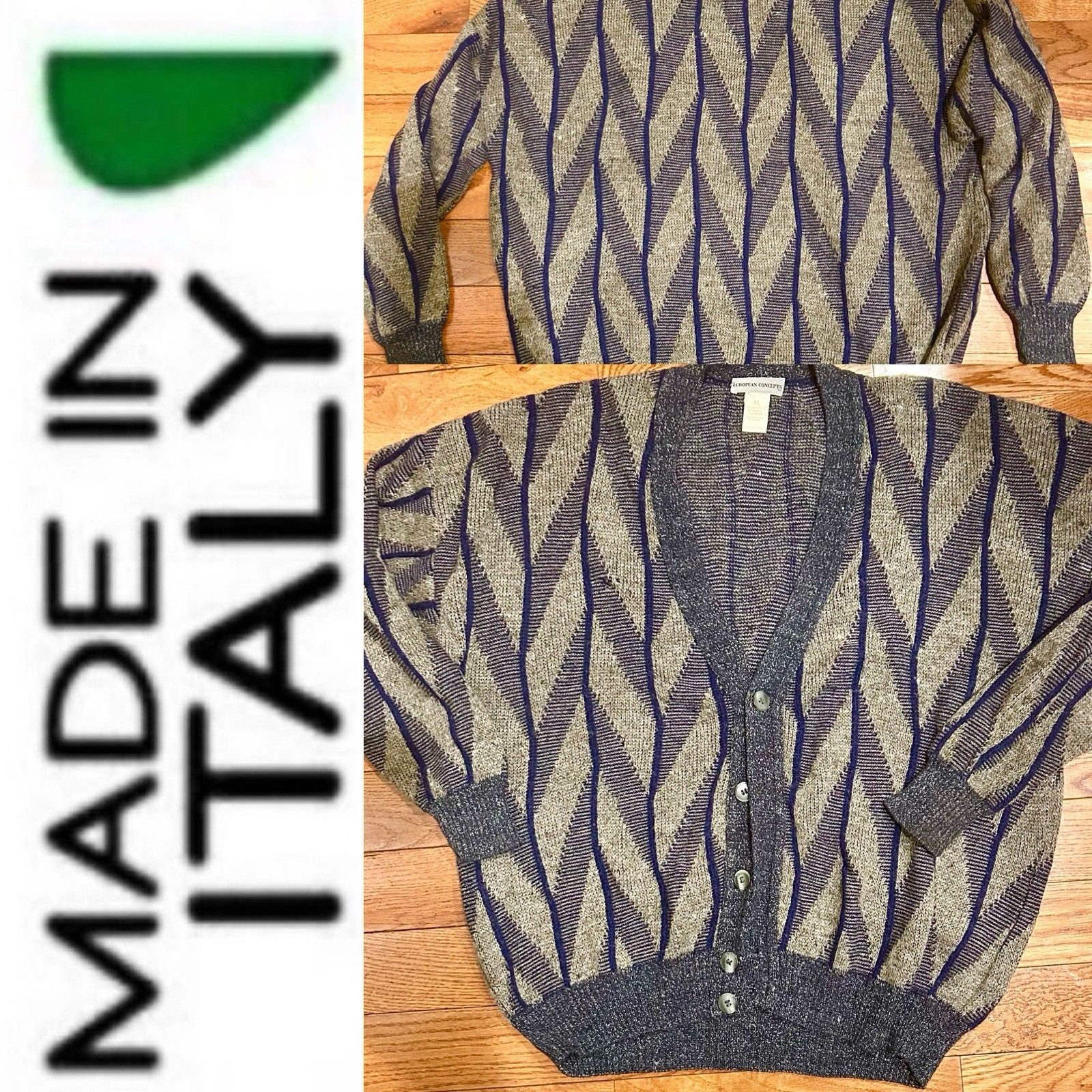 European concept Vintage 50s/60s Grey&Navy wool blend made in ITALY Cardigan XL