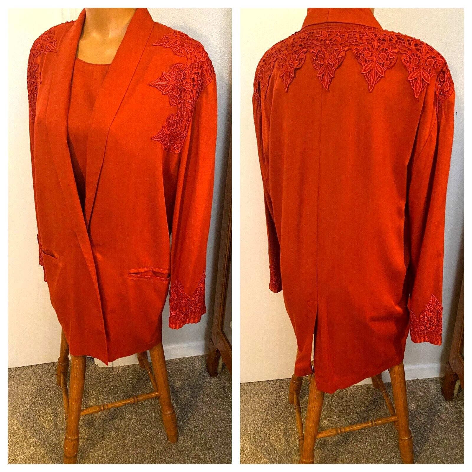 VTG 80’s BESSIE CALIFORNIA FESTIVE RED RAYON W/ LACE JACKET & BLOUSE SET SZ L