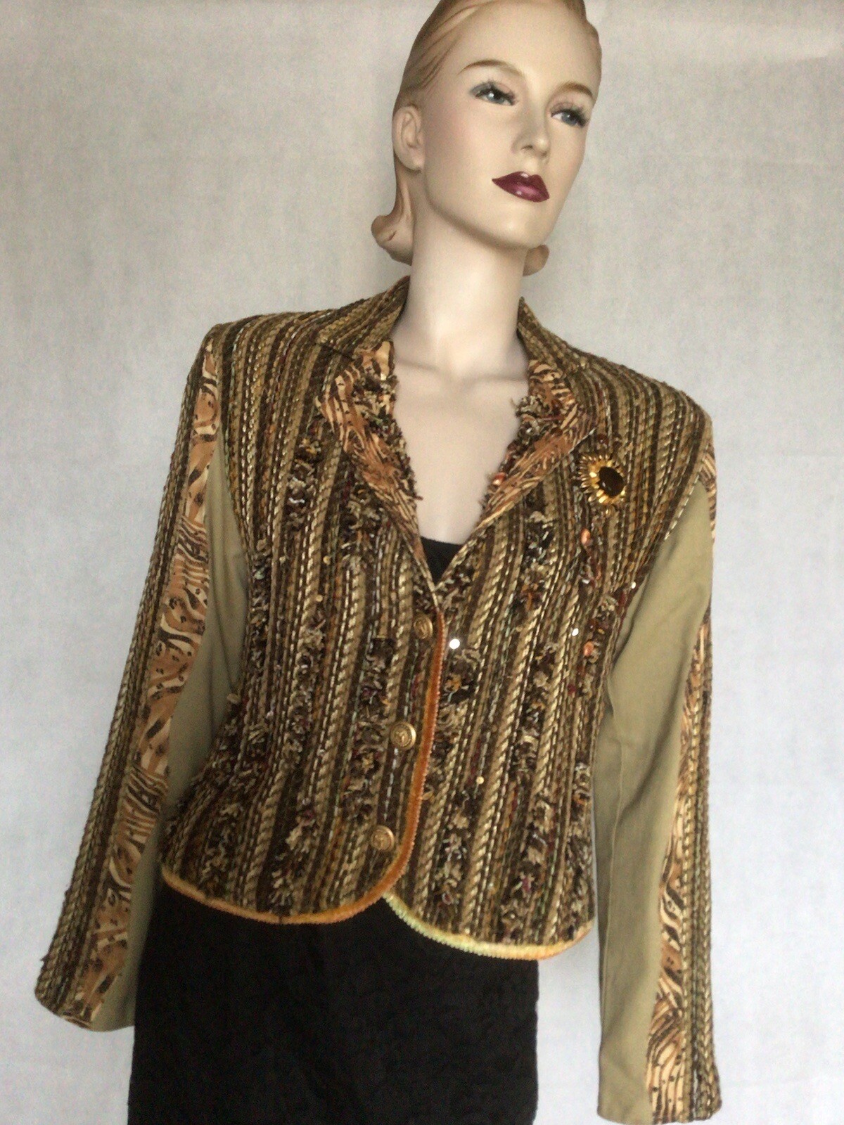Vtg 90s Sandy Starkman Embellished Patchwork Knit Cardigan Beaded Boho Art 10