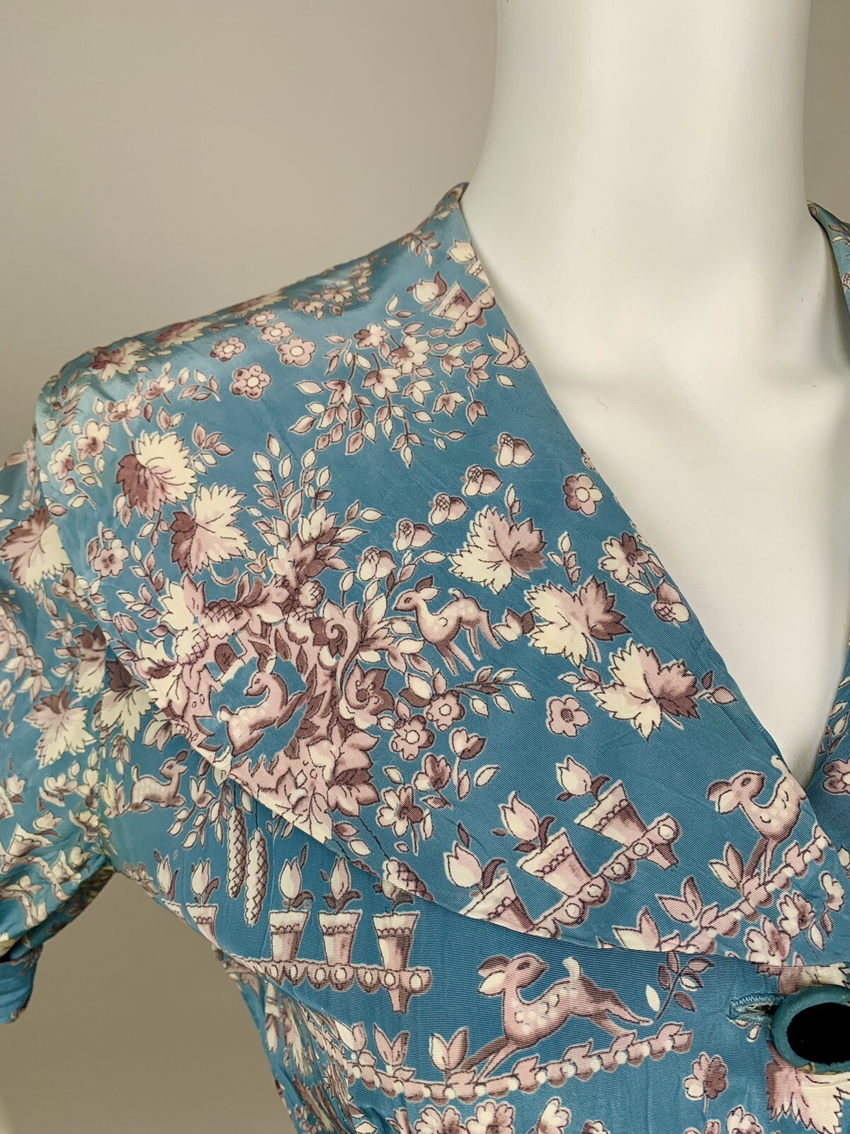 Vintage 1940s Rayon Novelty Print Shirtwaist Dress Deer Potted Flowers Blue Grey
