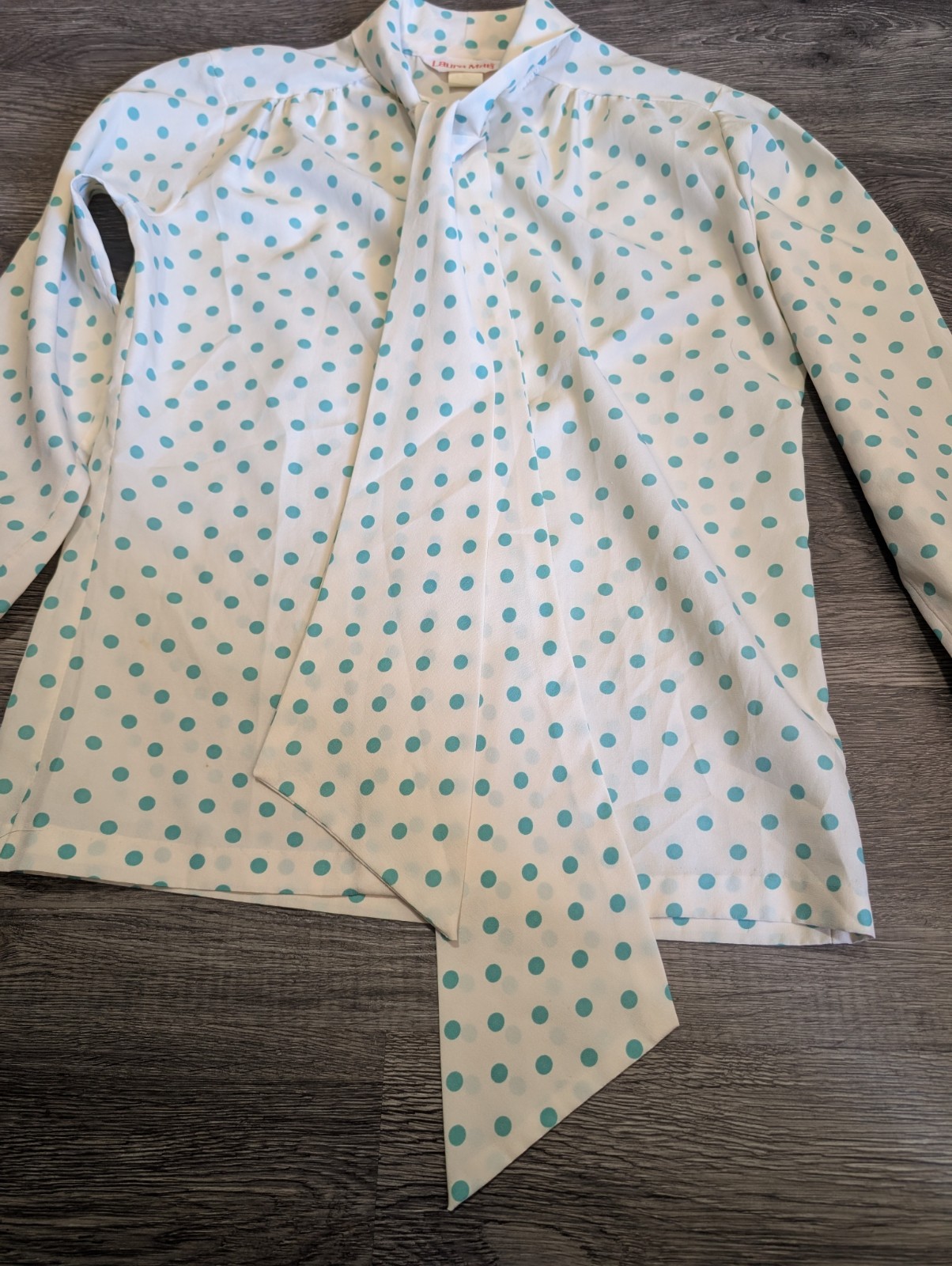 Vintage Laura Mae 1970s Polka Dot Pussy Bow Blouse – Cream & Teal/Aqua