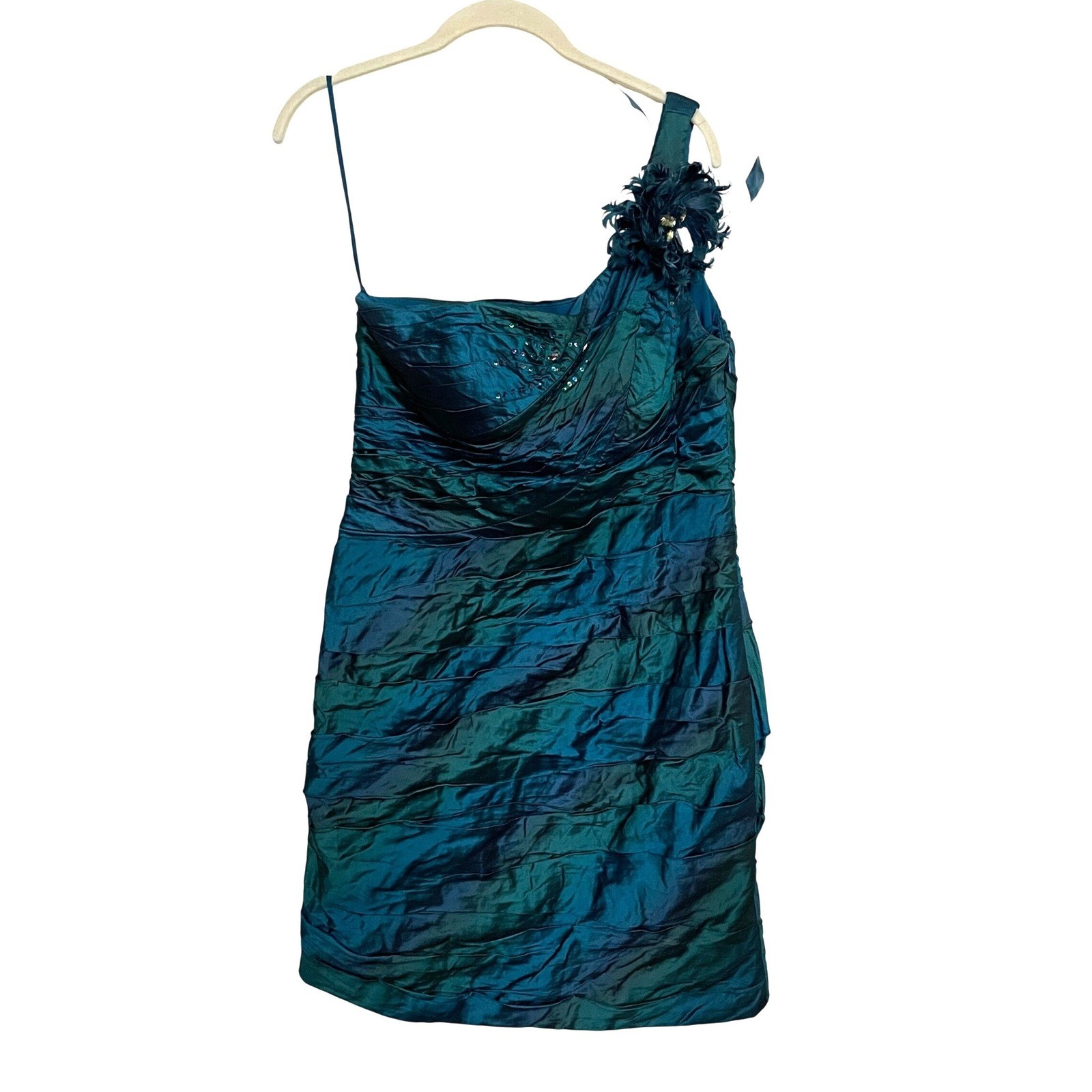Vintage y2k Alberto Makali cocktail formal One Shoulder iridescent Feathers