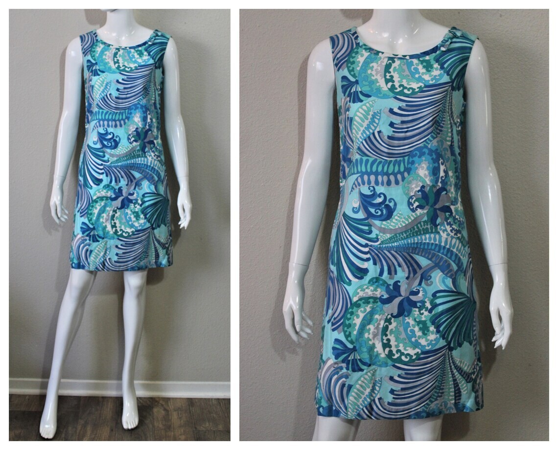 VTG 1960s Lounge Craft MOD Art to Wear Shift Novelty Summer Dress Ocean Waves